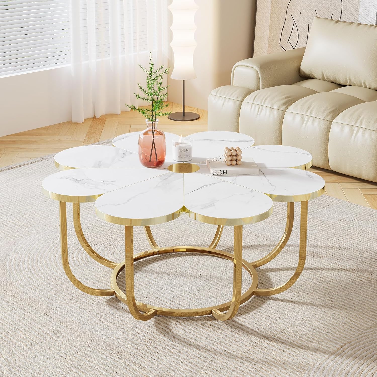 Moderner Couchtisch, blumenförmiger Mitteltisch mit Tischplatte aus Kunstmarmor