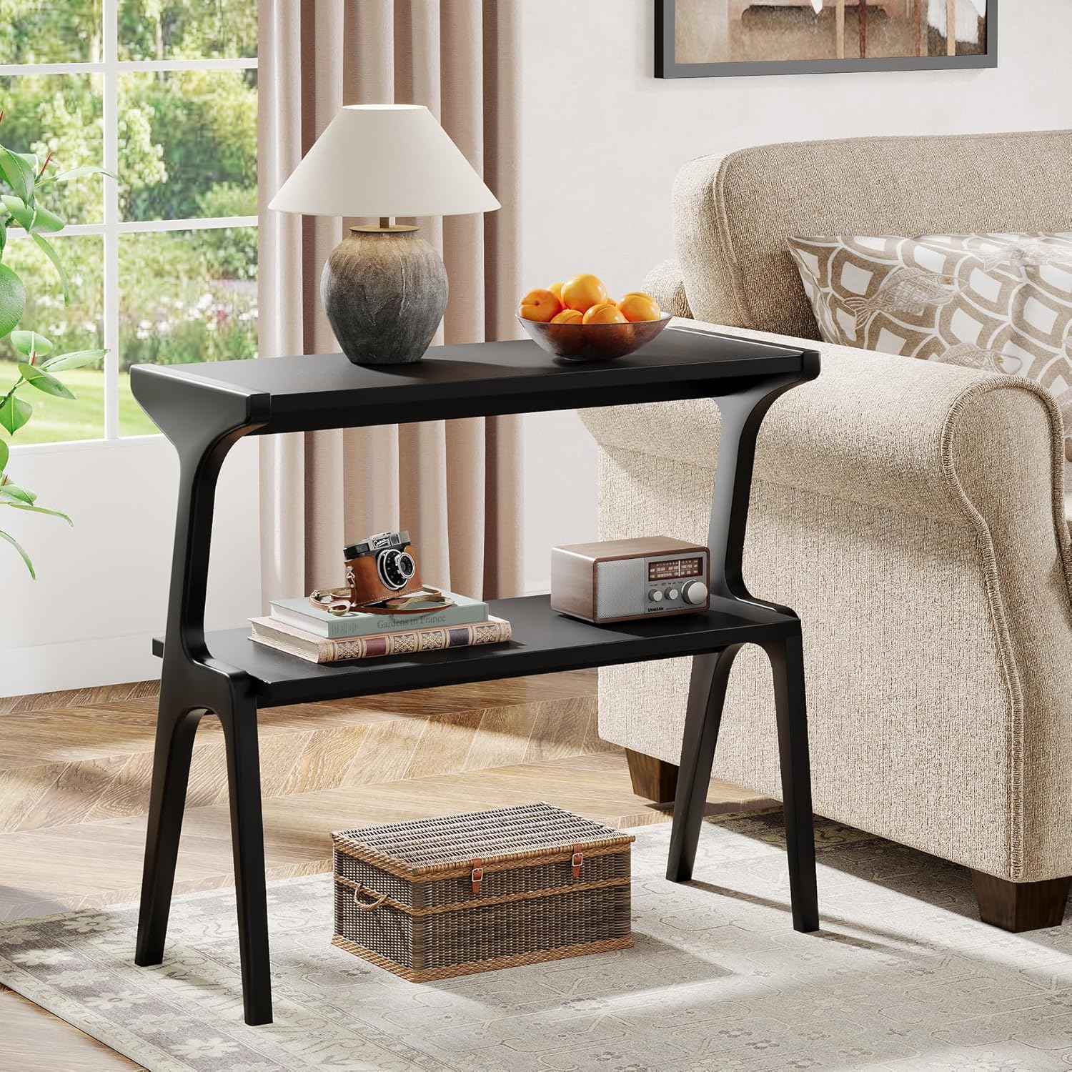 Tribesigns Schmaler Beistelltisch aus Massivholz, 2-stufiger Nachttisch mit modernem Design