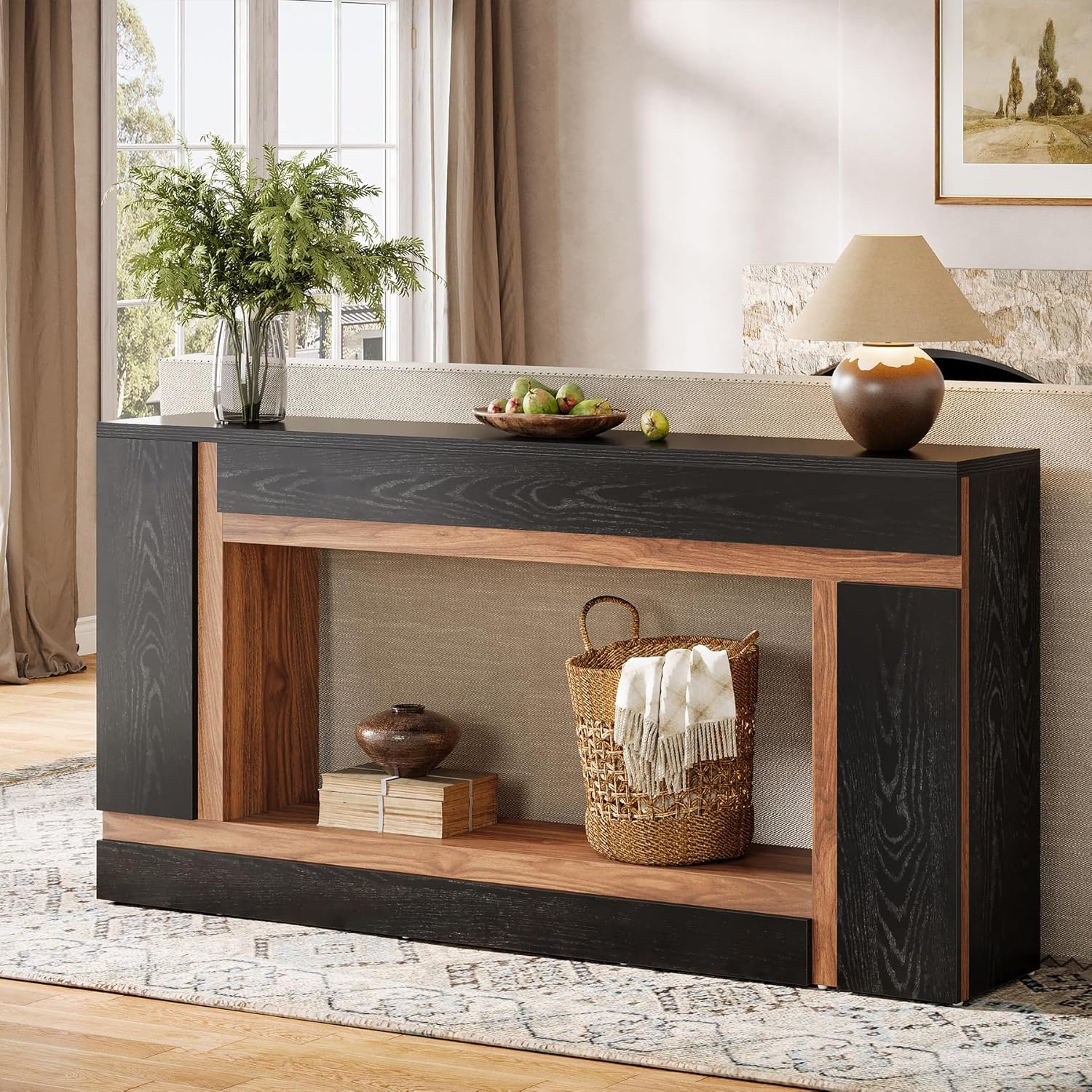 160 cm langer schwarz-brauner Konsolentisch, Geometrischer Kontrolltisch im modernen Design