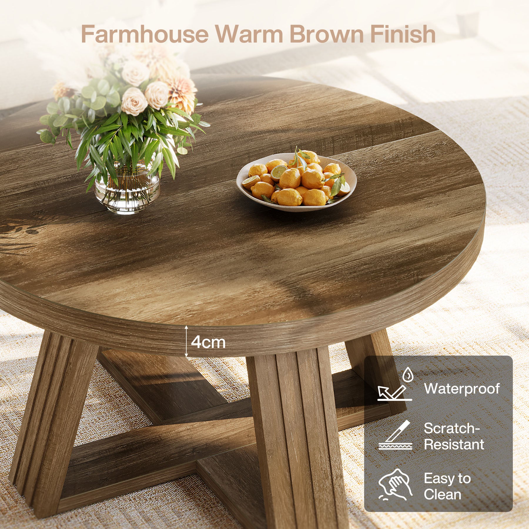Tribesigns Runder Couchtisch 80 cm im Landhausstil, Wohnzimmertisch mit Holzmaserung & Kreuzgestell