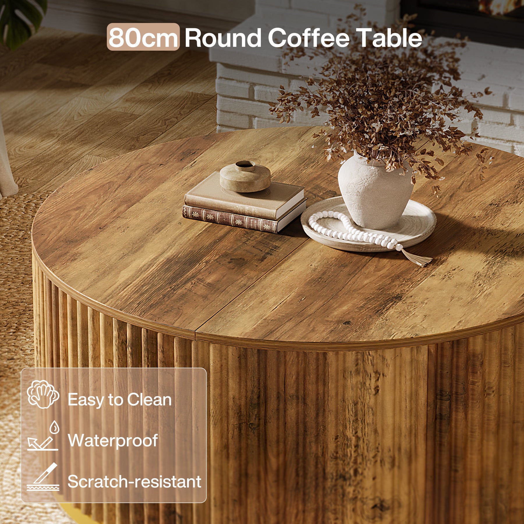 Runder Couchtisch 80 cm mit geriffeltem Design, Wohnzimmertisch mit stabiler Trommelbasis