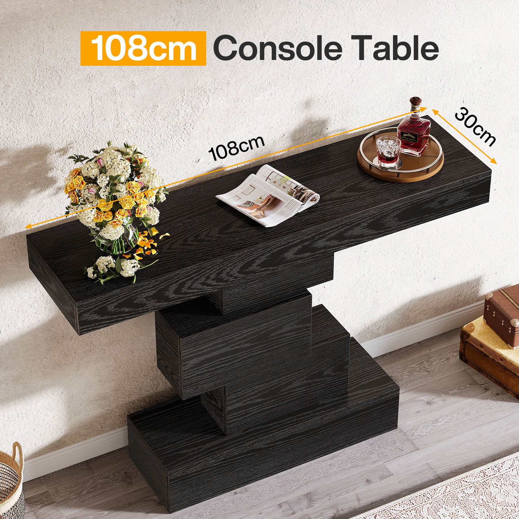 108cm Konsolentisch, Holzsofatisch, Akzenttisch mit geometrischem Sockel