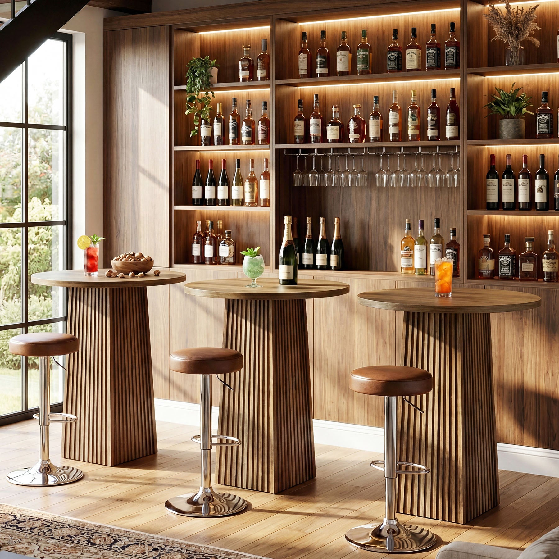 Tribesigns Runder Bartisch, 100 cm hoher Bistro- & Stehtisch mit geriffeltem Säulenfuß