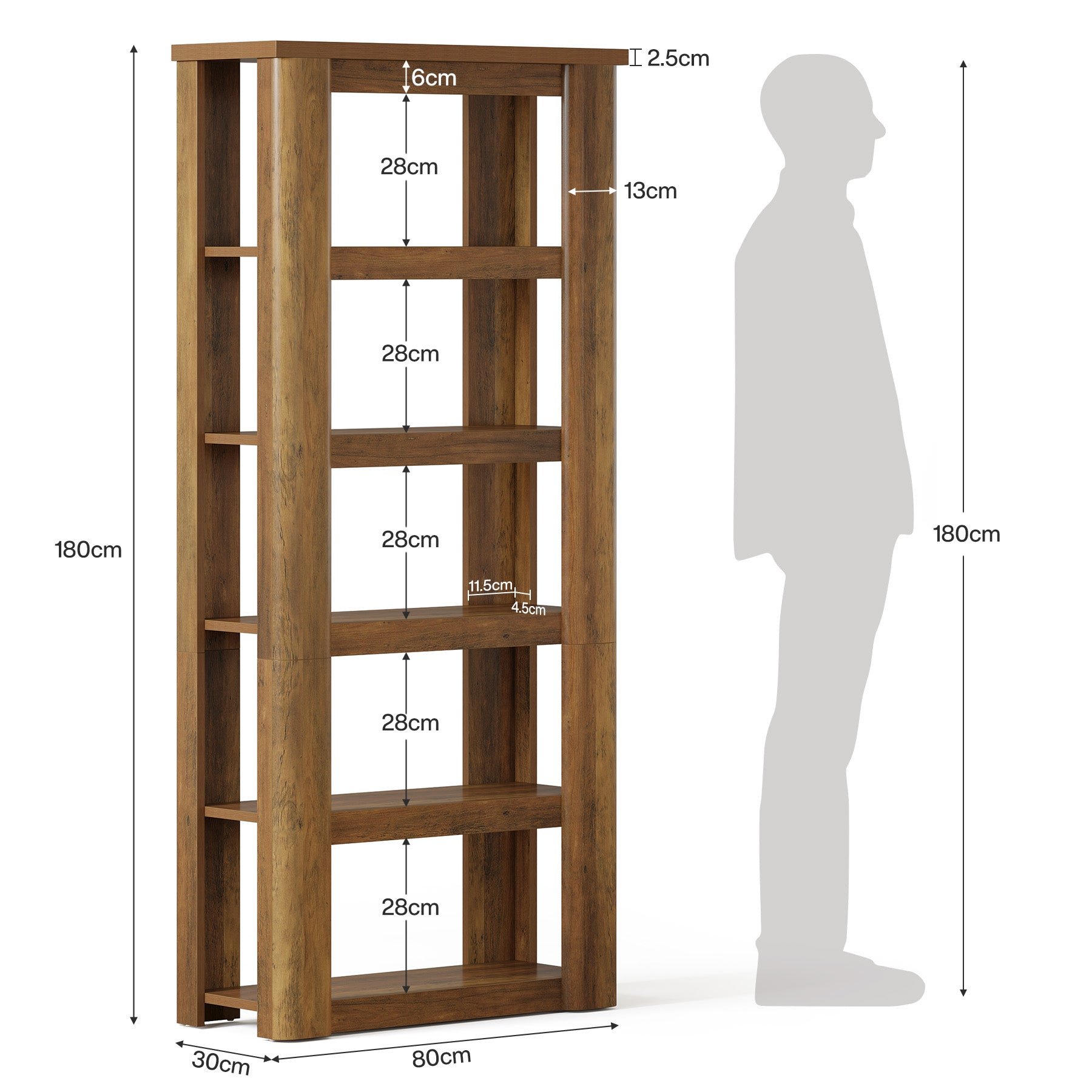 180 cm hohes Bücherregal mit 6 offenen Fächern, Standregal für Wohnzimmer, Büro und Schlafzimmer