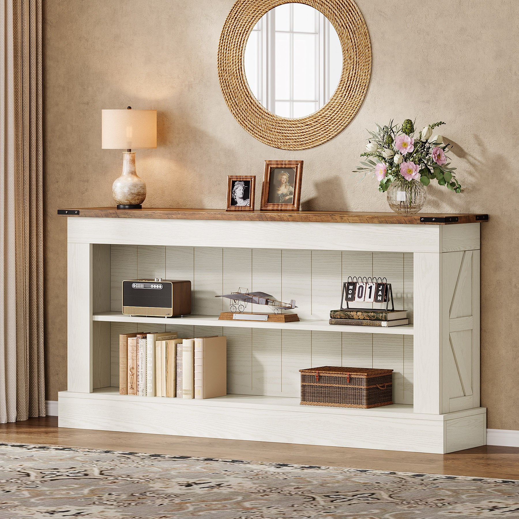 Schmaler Konsolentisch 160 cm mit Ablagen, Landhaus Flurtisch für Eingangsbereich & Sofa
