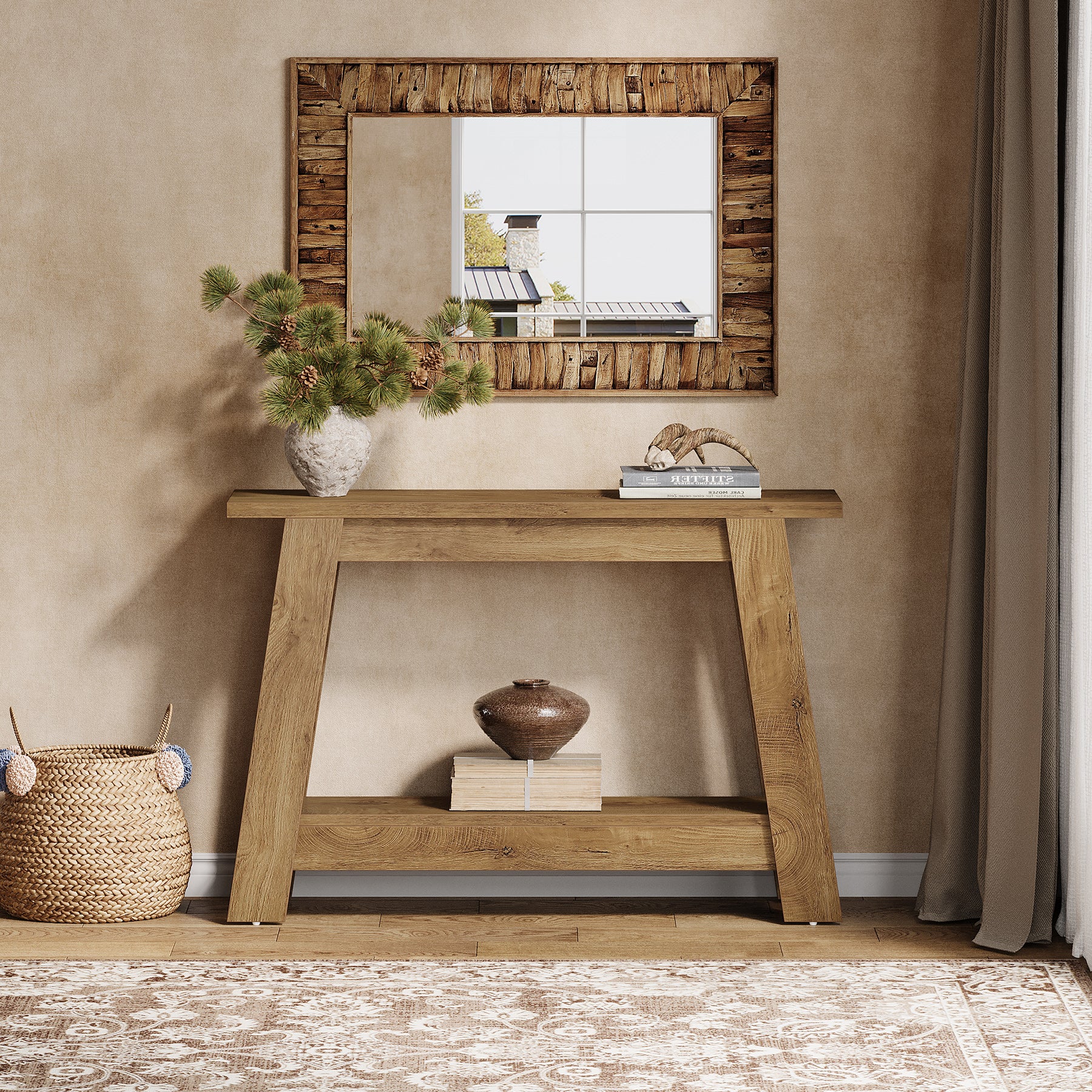 105 cm Farmhouse Konsolentisch mit 2 Ebenen Stauraum, Schmaler Sofatisch im Landhausstil