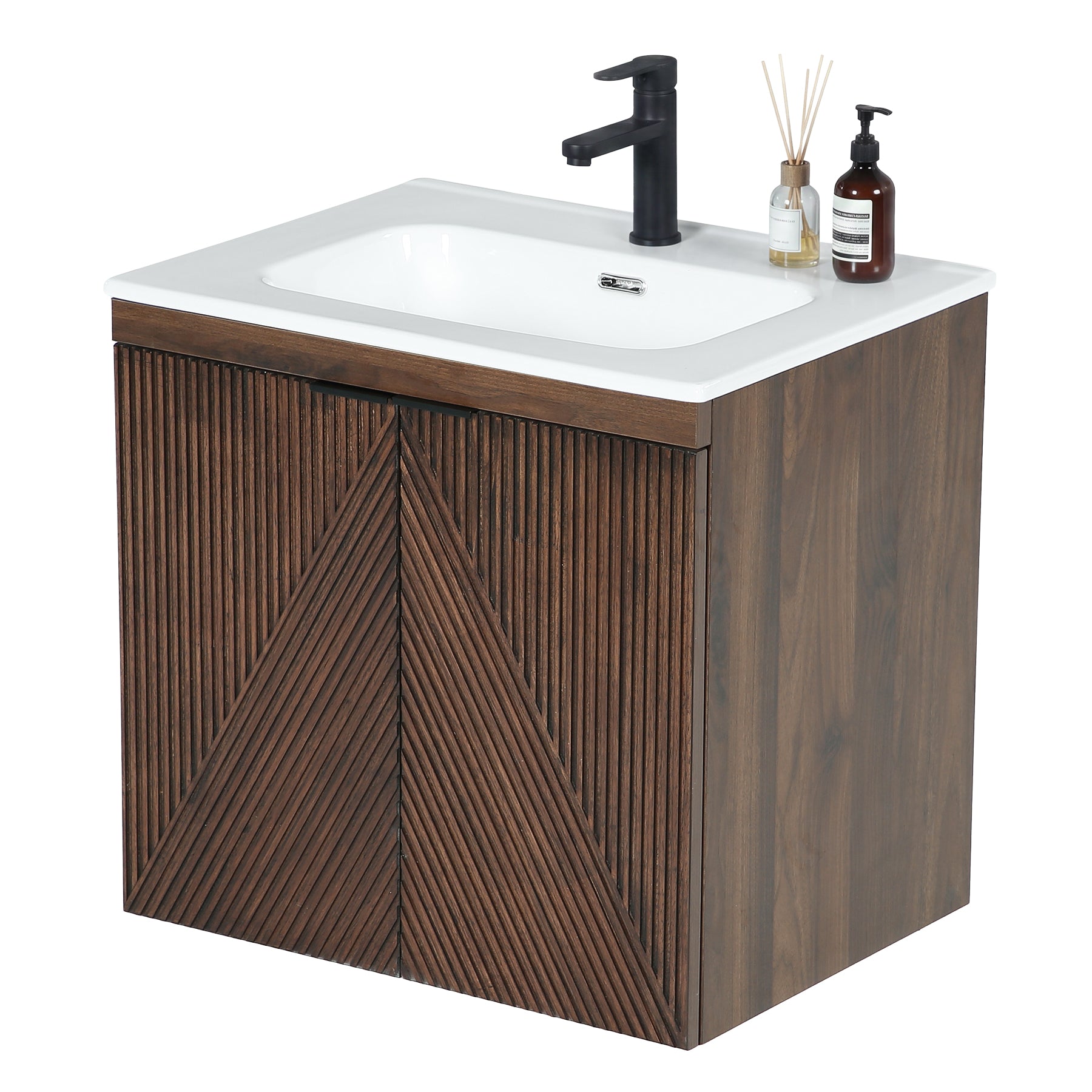 Tribesigns Wandhängender Waschtisch 60 cm mit Keramikwaschbecken, Badmöbel mit Soft-Close-Tür & Stauraum