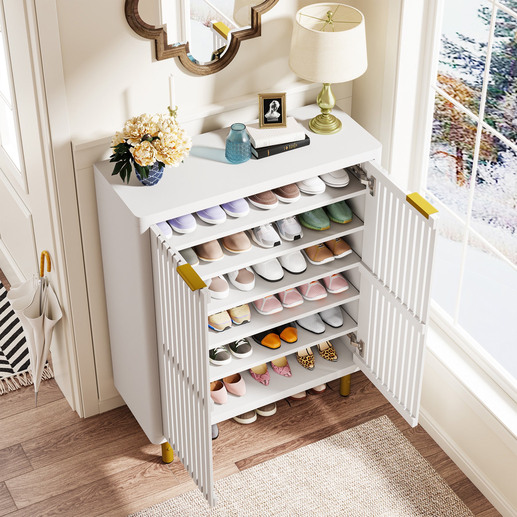 6-stöckiger Schuhschrank aus Holz mit Lamellentüren und verstellbaren Regalen