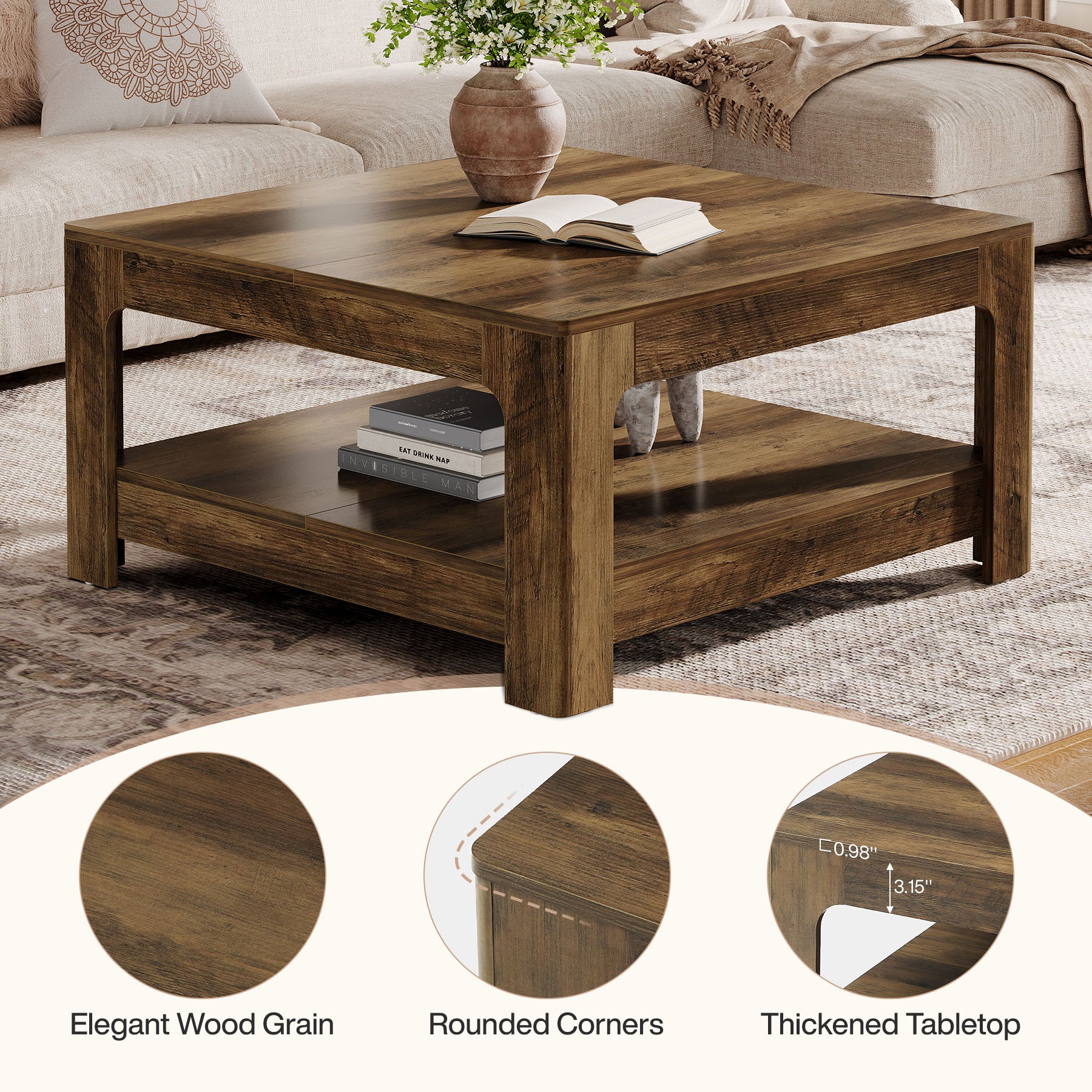 Tribesigns Couchtisch 100 cm mit Ablage, Großer quadratischer Wohnzimmertisch im Landhausstil