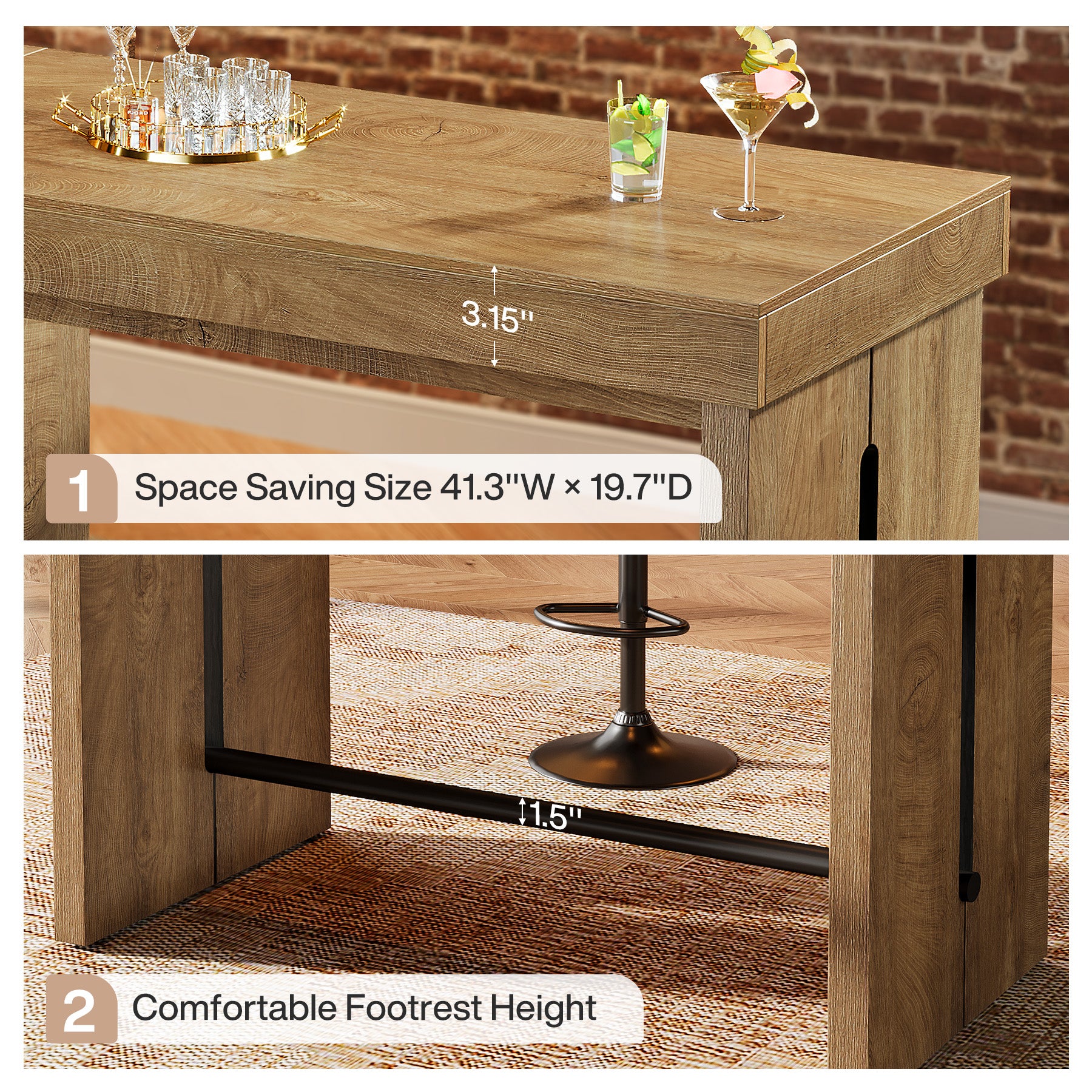 Tribesigns Bartisch 105 cm, Hochtisch mit Fußstütze, Kücheninsel & Bistrotisch im Landhausstil