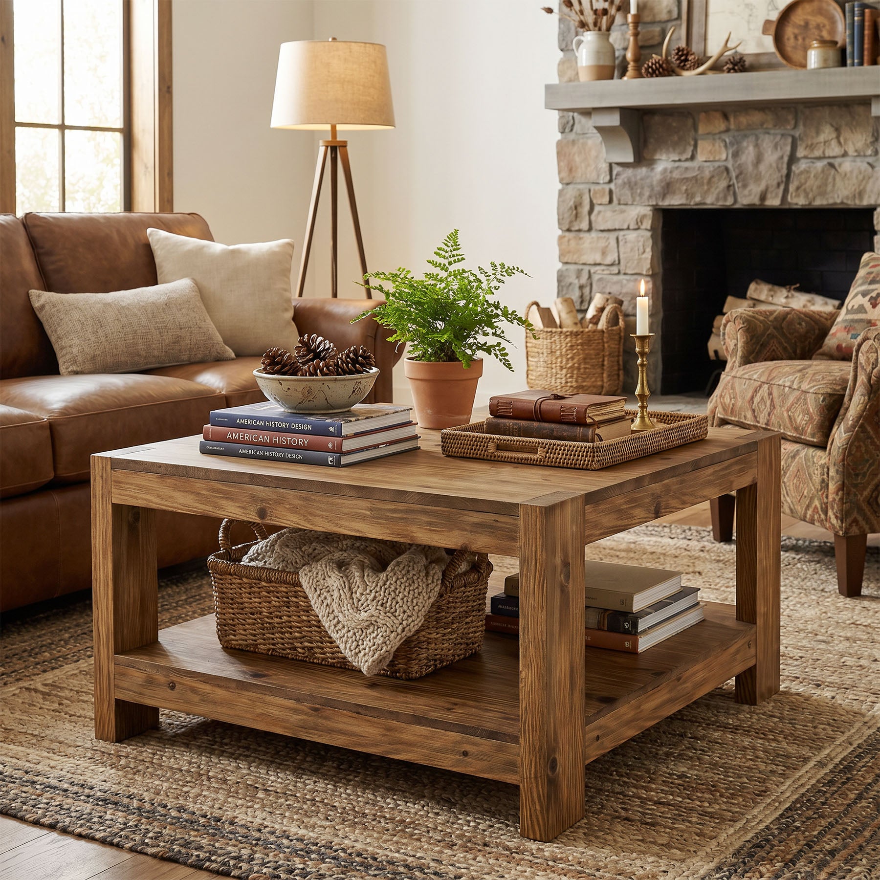 Tribesigns Massivholz Couchtisch 80 cm mit Ablage, quadratischer Wohnzimmertisch im Landhausstil mit 2 Ebenen