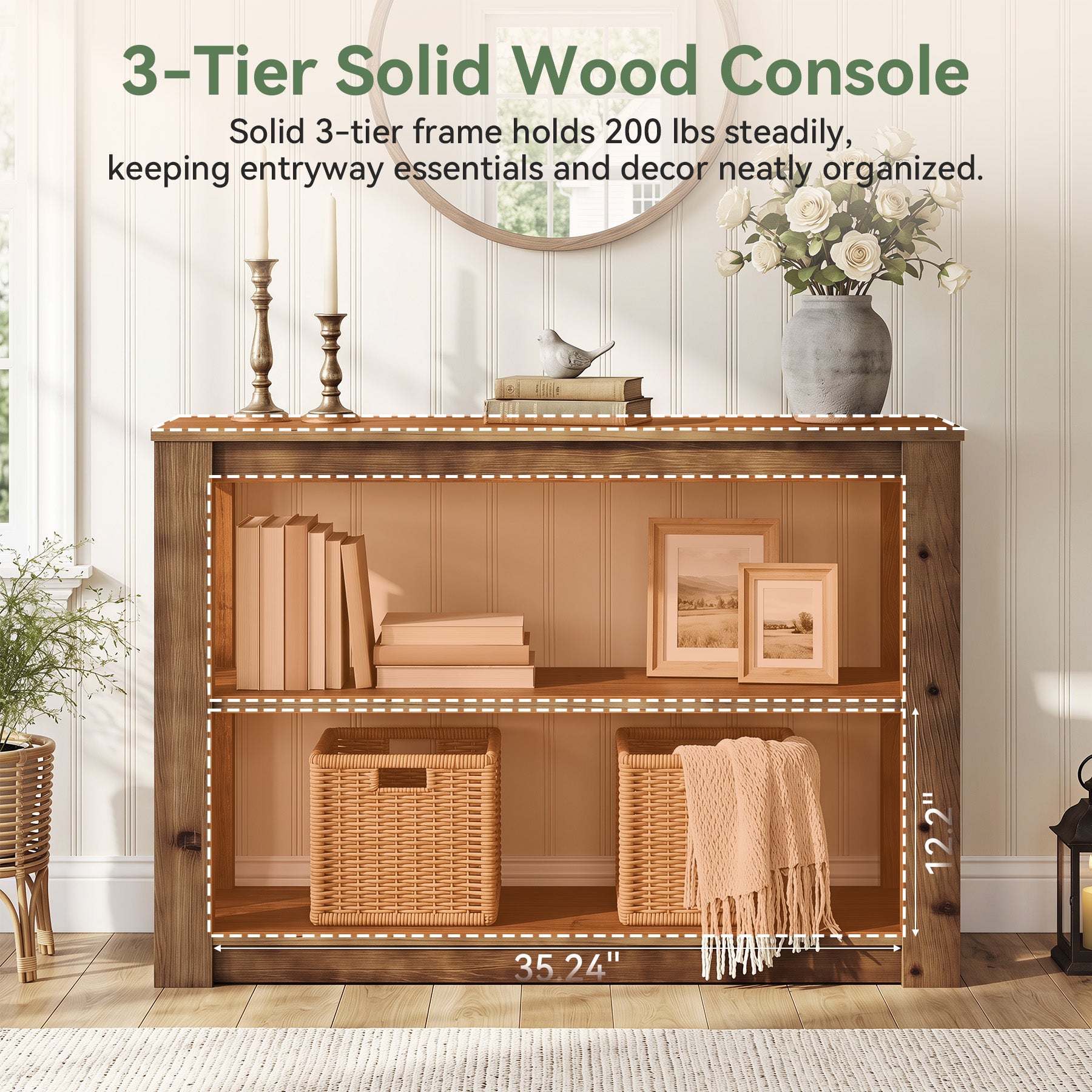 Tribesigns 105 cm Konsolentisch aus Massivholz mit 3 Ablagen, Schmaler Flurtisch im Landhausstil