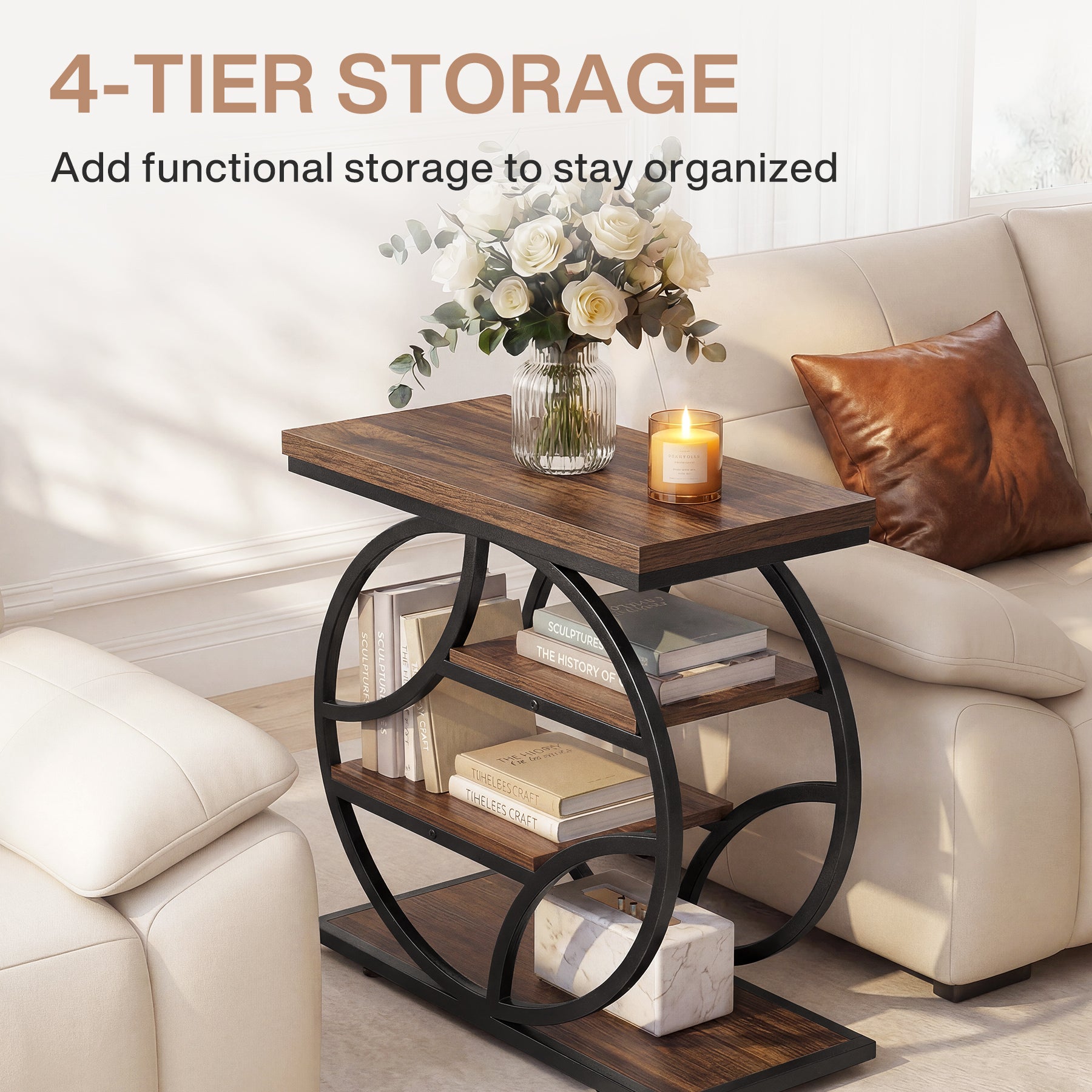 Tribesigns 4-stufiger Beistelltisch, schmaler Sofatisch mit Metallrahmen & Ablagen, industrieller Nachttisch