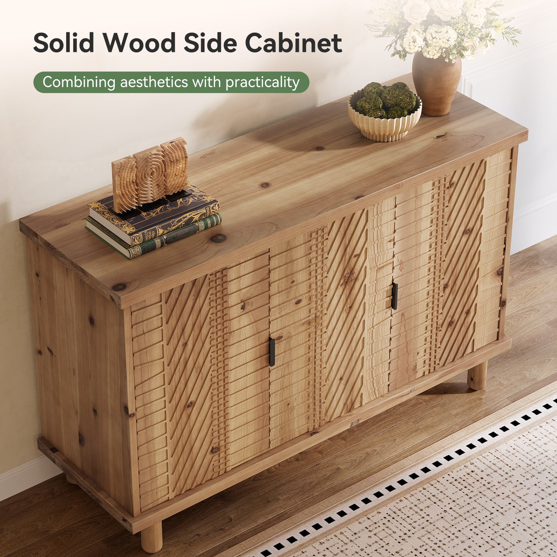 Tribesigns Massivholz Sideboard mit Stauraum, Buffetschrank im Landhausstil mit 3 Türen & 2 verstellbaren Einlegeböden