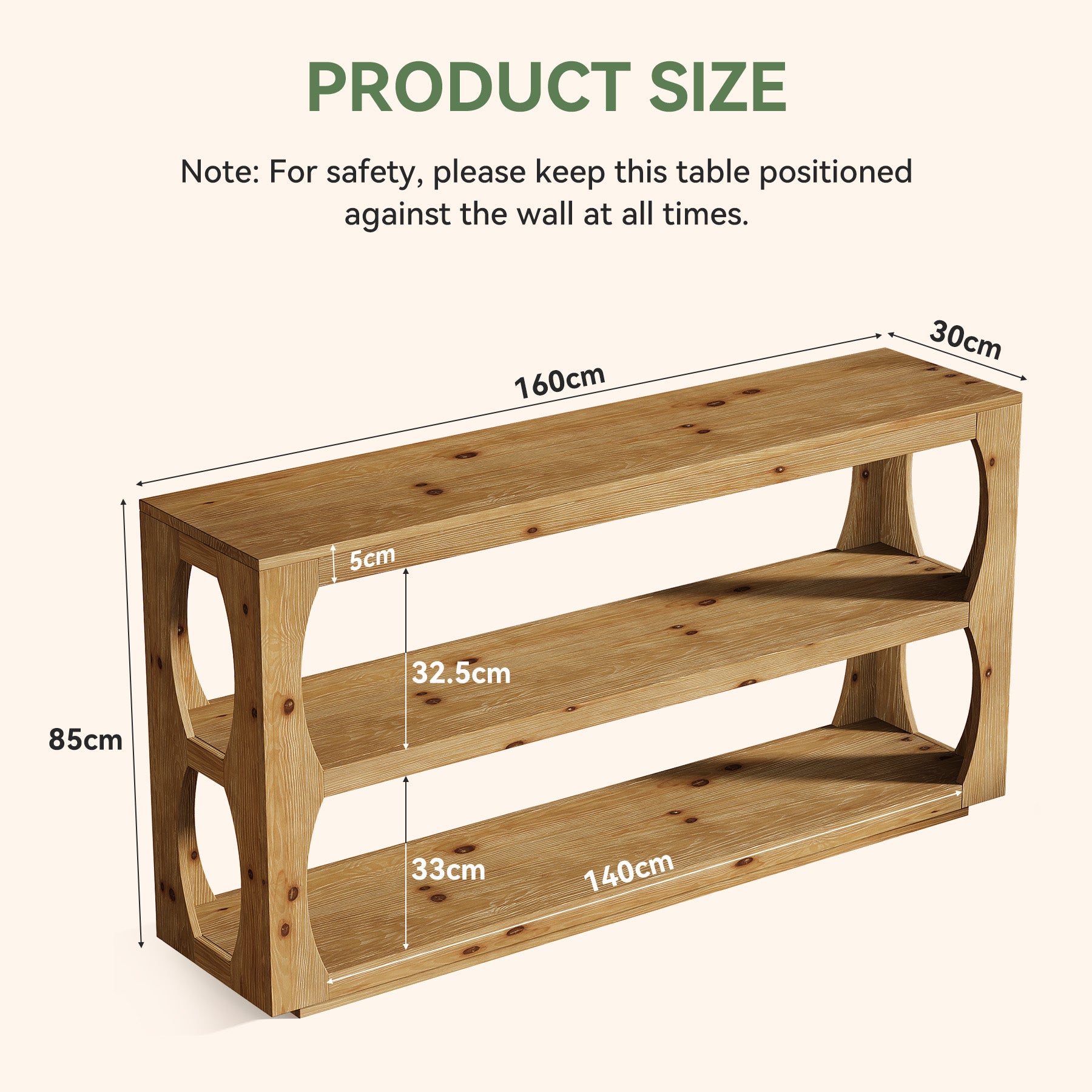 Konsolentisch 160 cm aus massivem Tannenholz, schmaler Flurtisch mit 3 Ebenen, Landhausstil für Flur, Wohnzimmer