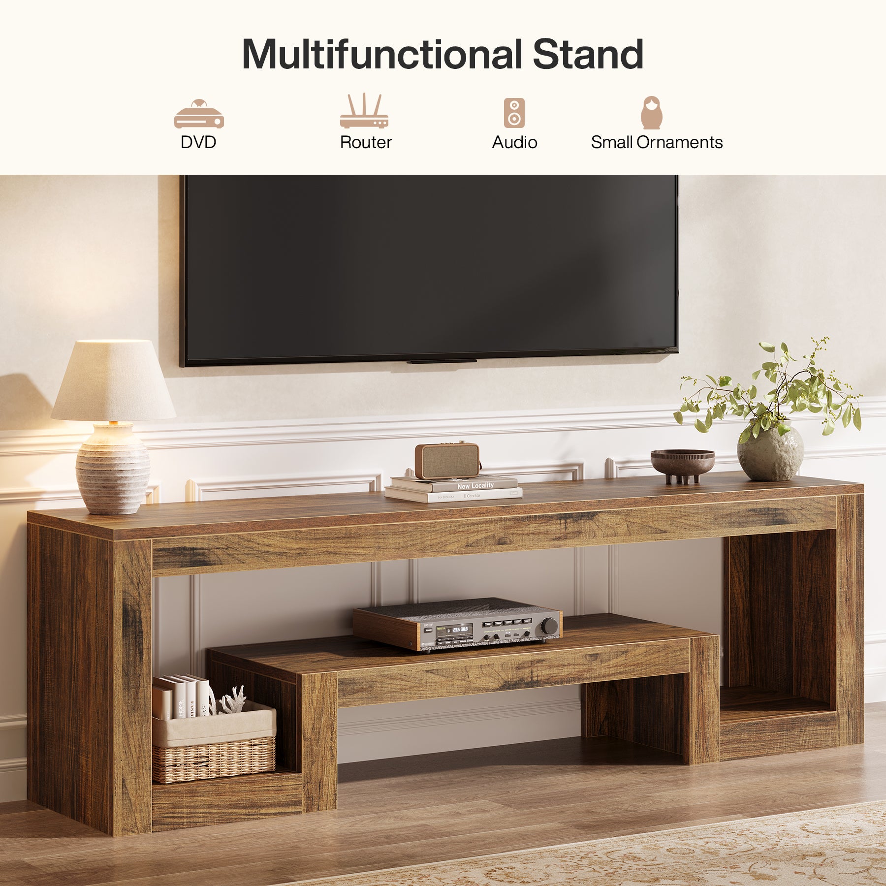TV-Lowboard 63 Zoll, Bauernhaus Fernsehkonsole mit offenen Ablagen für 55–65 Zoll Fernseher