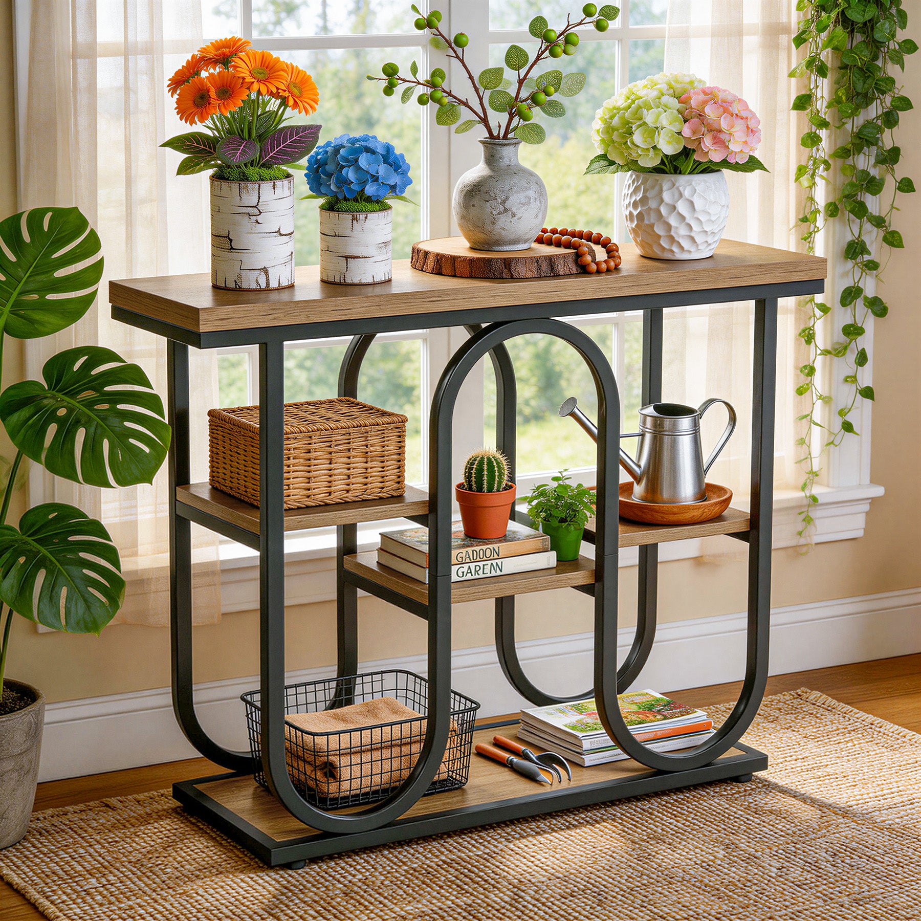 Tribesigns Konsolentisch 100 cm schmal mit 4 Ablagen, Industrial Sofatisch mit offenem Stauraum