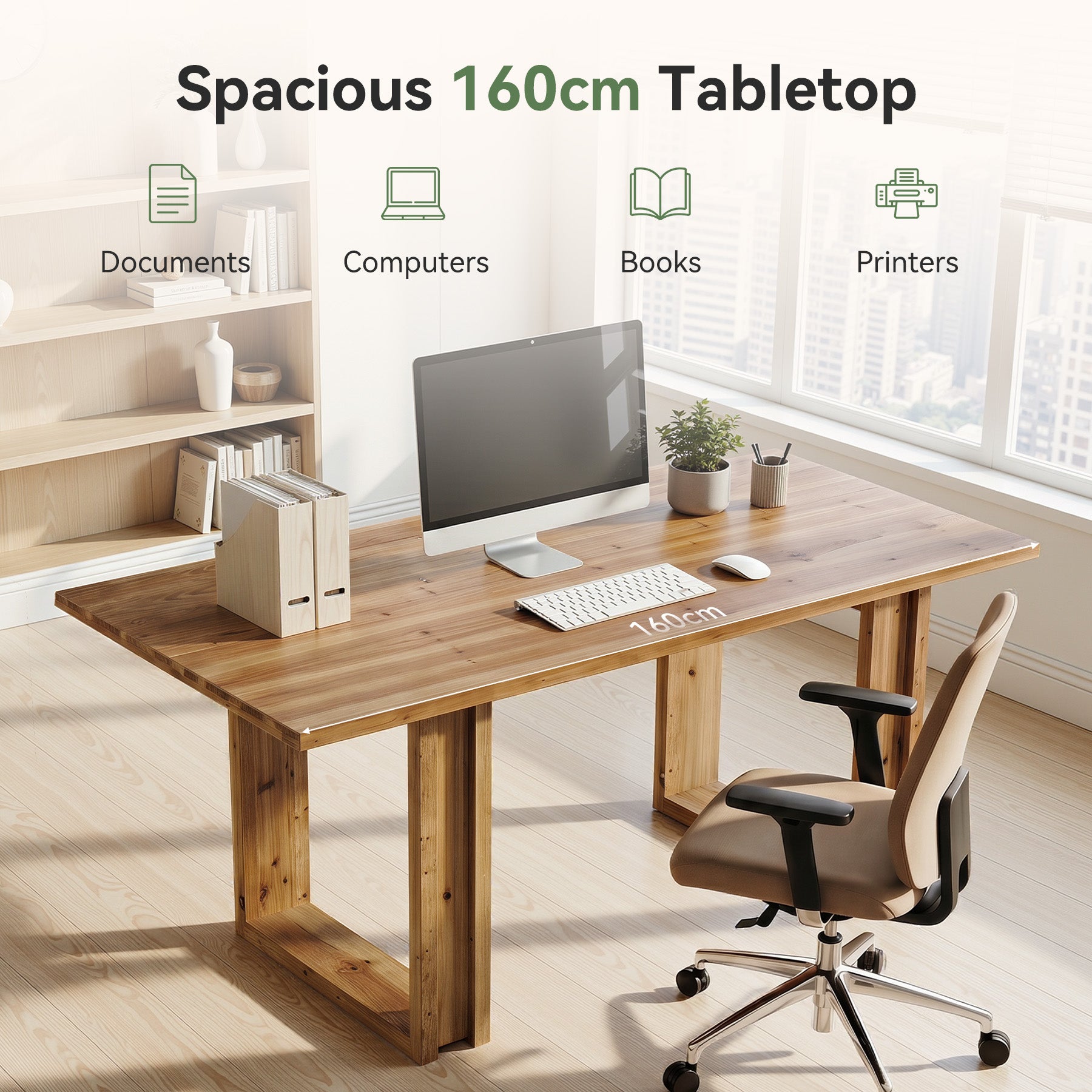 Tribesigns Massivholz Schreibtisch 160 cm, großer Home Office Tisch aus Tannenholz, Executive Desk im Landhausstil