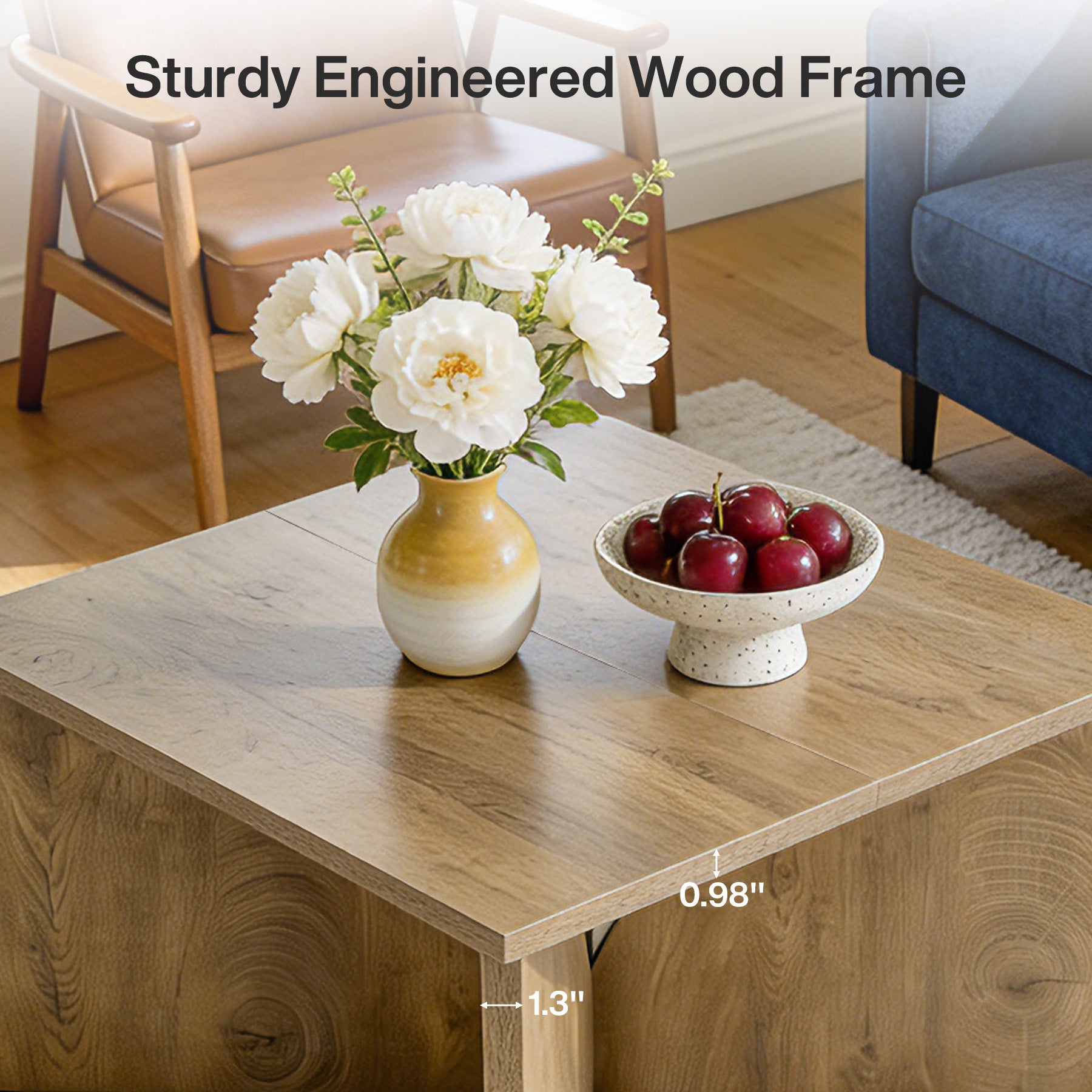 Tribesigns Kleiner quadratischer Couchtisch 80 cm, Beistelltisch im Landhausstil mit stabilem Sockel