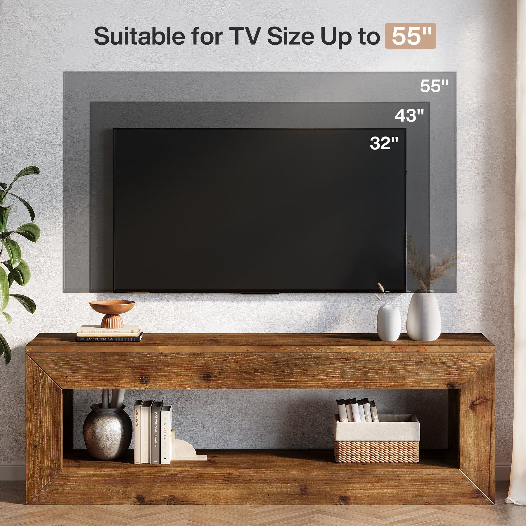 Tribesigns TV-Lowboard aus Massivholz 120 cm, TV-Schrank mit Offenem Stauraum für 32–55 Zoll Fernseher
