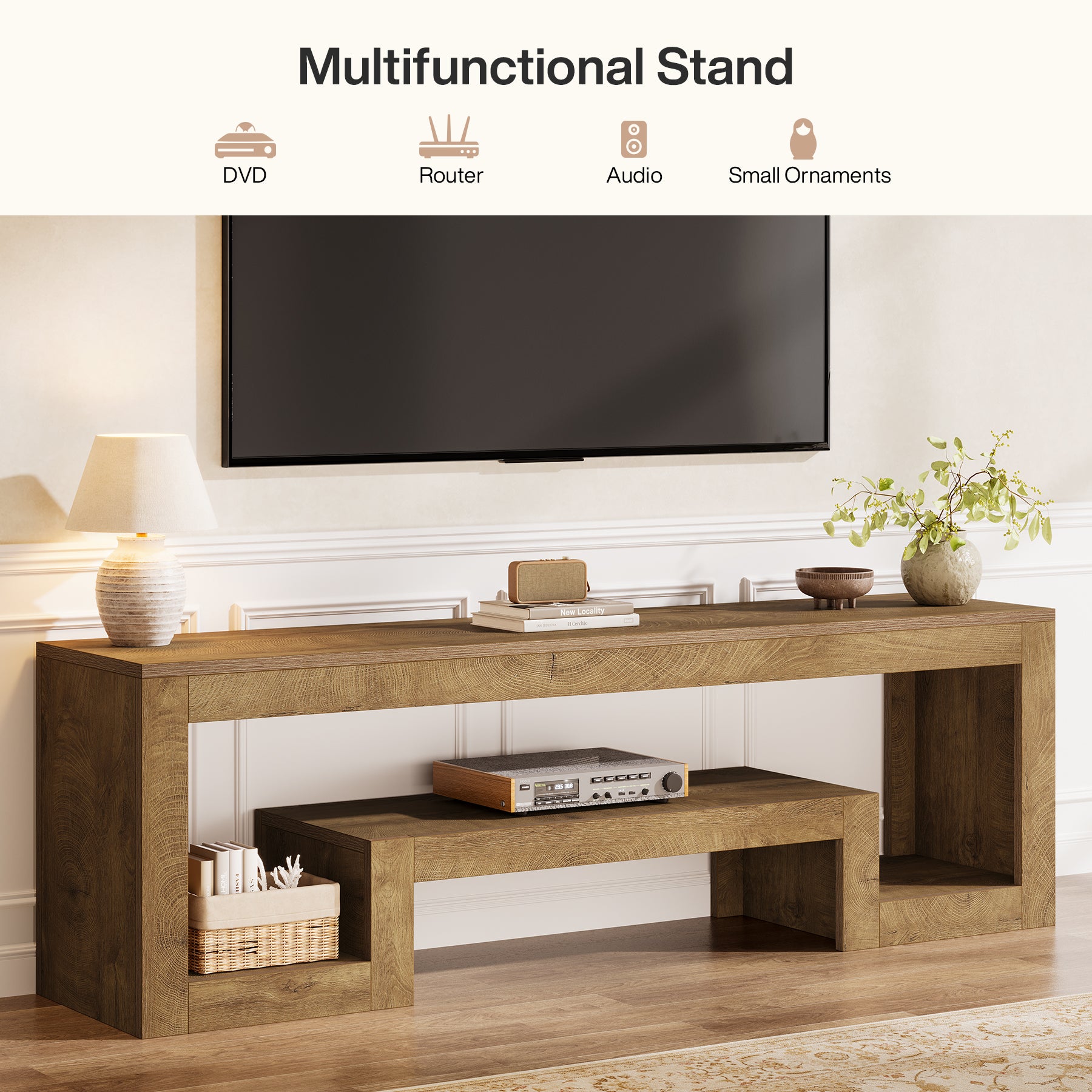 TV-Lowboard 160 cm, Bauernhaus Fernsehkonsole mit offenen Ablagen für 55–65 Zoll Fernseher