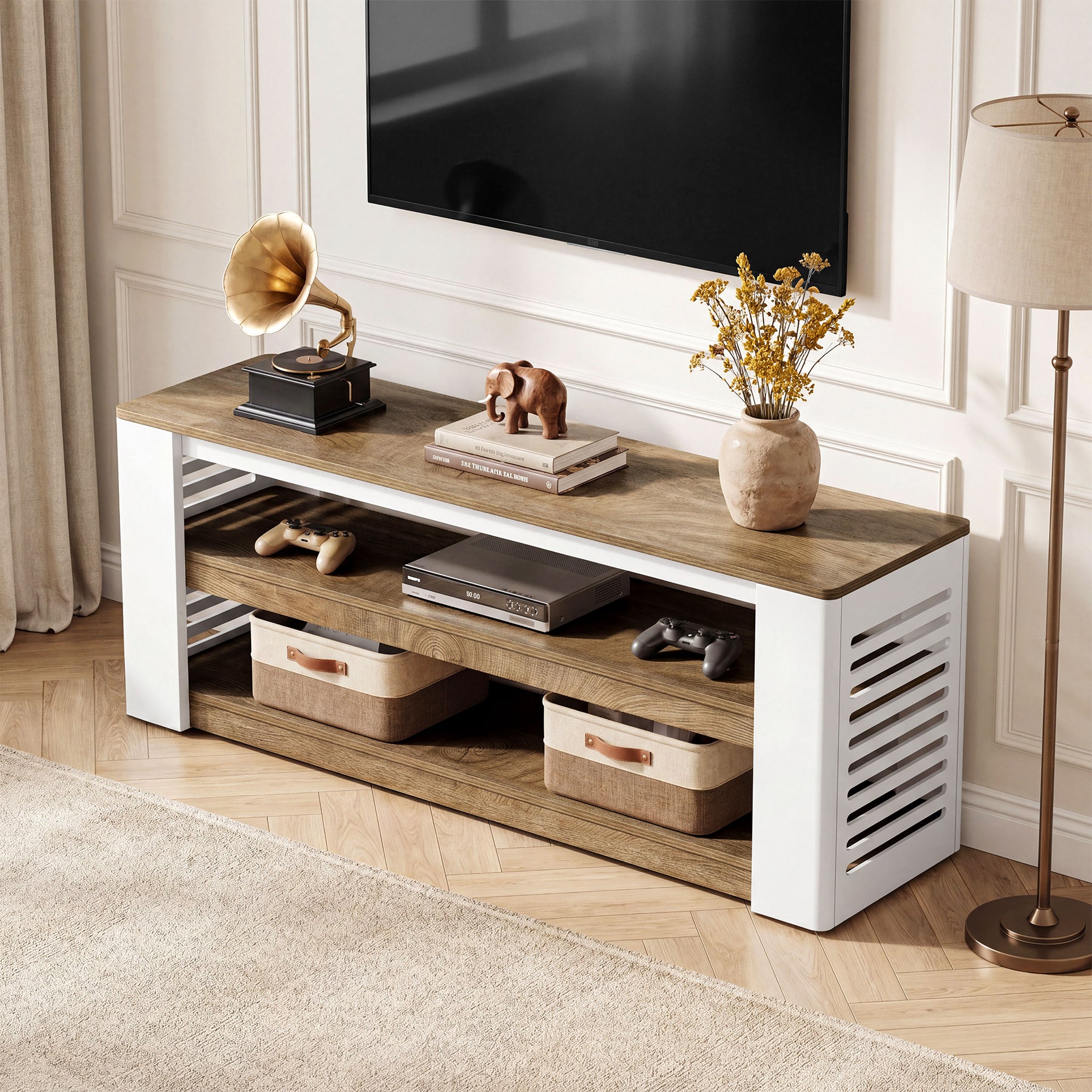 160 cm TV-Lowboard für Fernseher bis 75 Zoll, 3-stufiges TV-Möbel mit Stauraum und Lamellen-Seiten