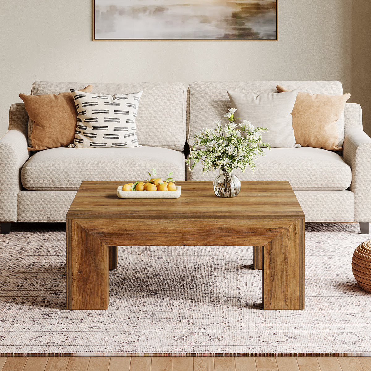 100 cm Quadratischer Couchtisch, Wohnzimmertisch aus Holz mit robusten