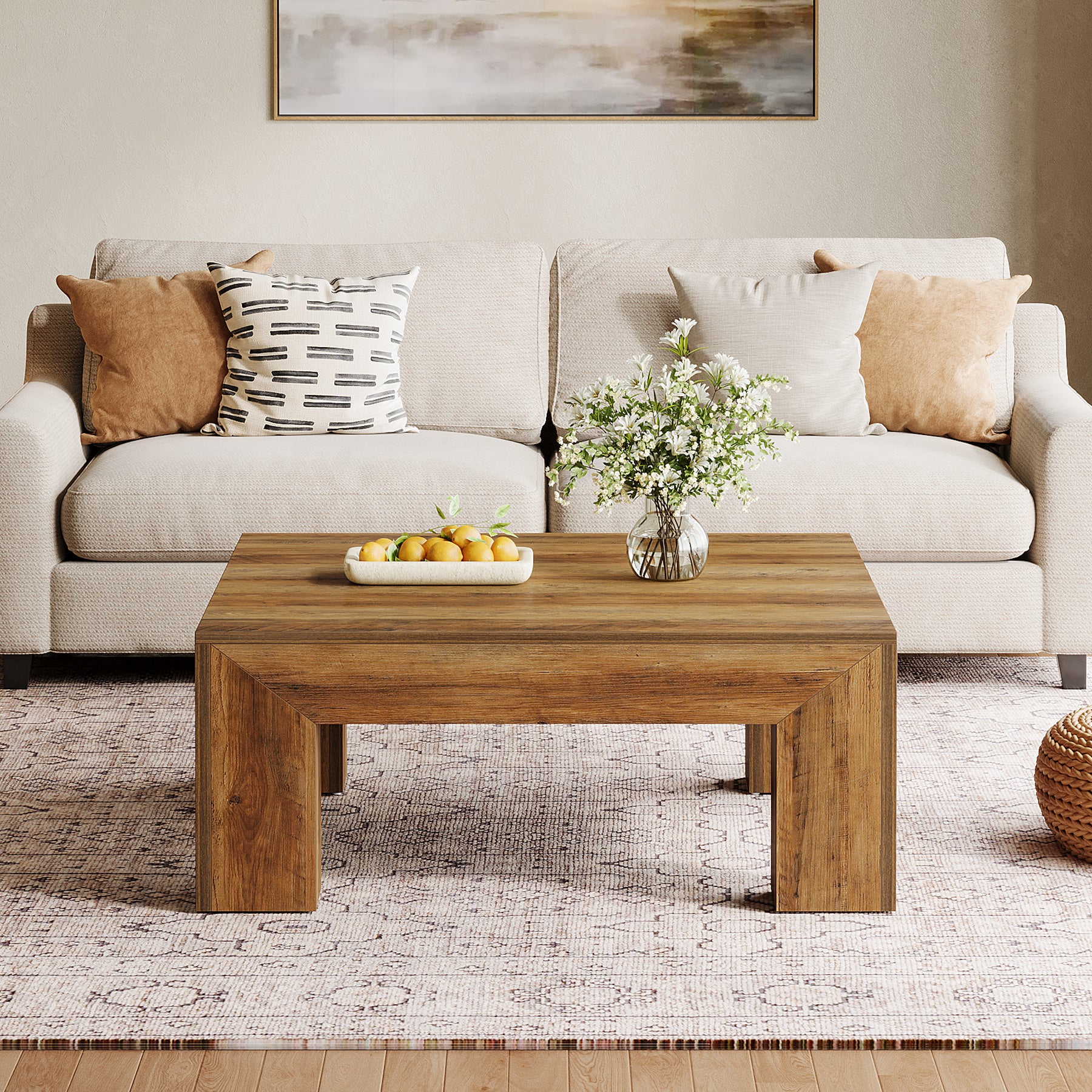 100 cm Quadratischer Couchtisch, Wohnzimmertisch aus Holz mit robusten Beinen für Sofa & Schlafzimmer