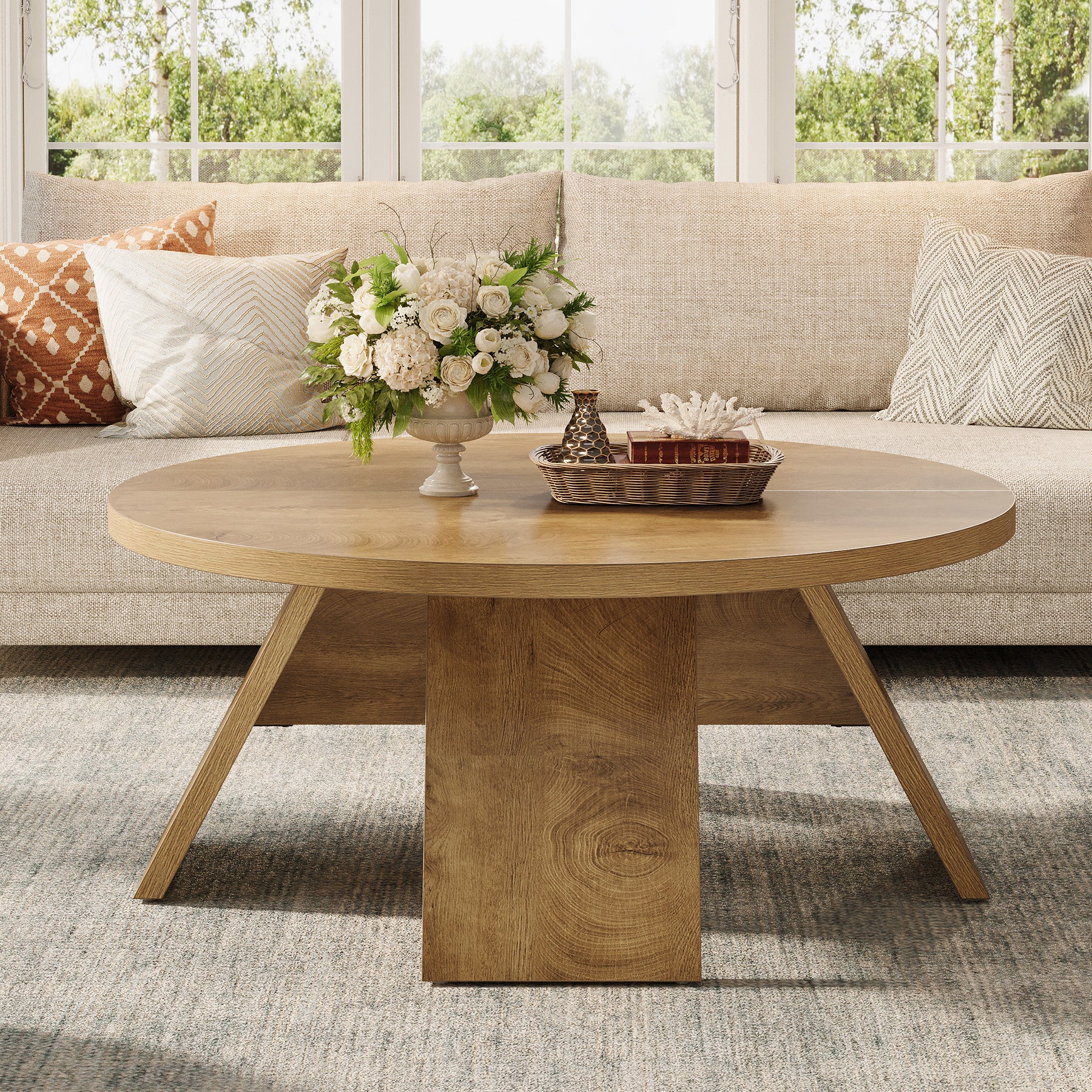 Tribesigns Runder Couchtisch 100 cm – Moderner Wohnzimmertisch aus Holz mit stabilem Standfuß, großer Beistelltisch