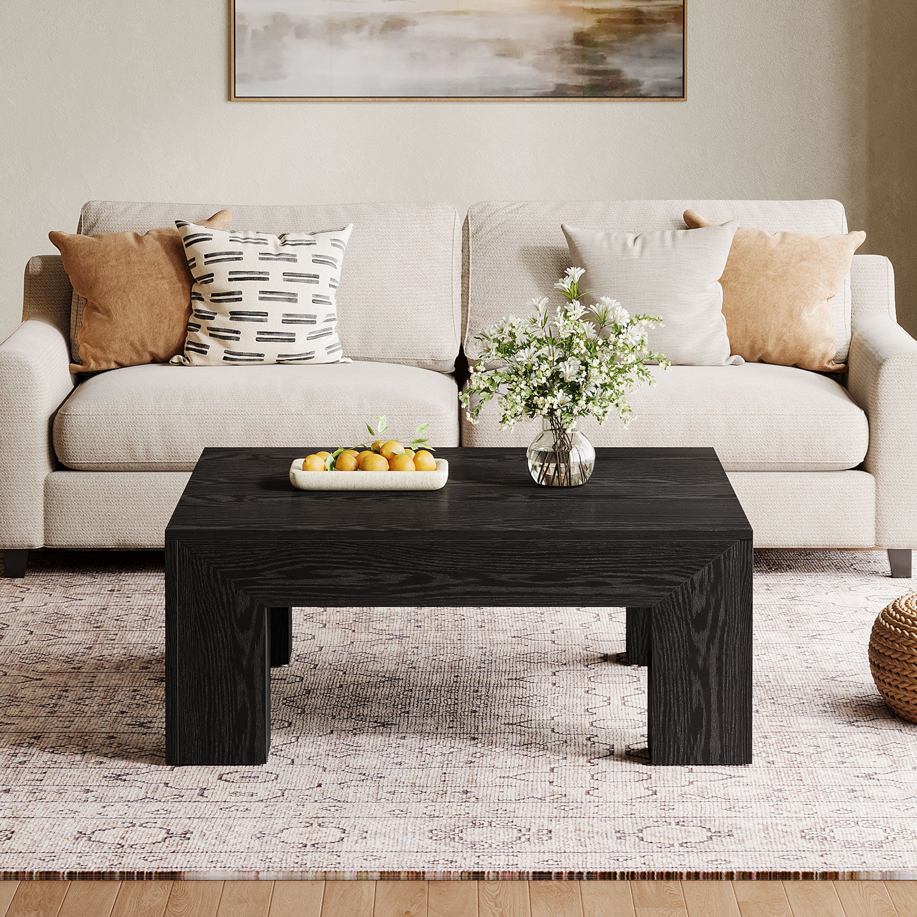 100 cm Quadratischer Couchtisch, Wohnzimmertisch aus Holz mit robusten Beinen für Sofa & Schlafzimmer