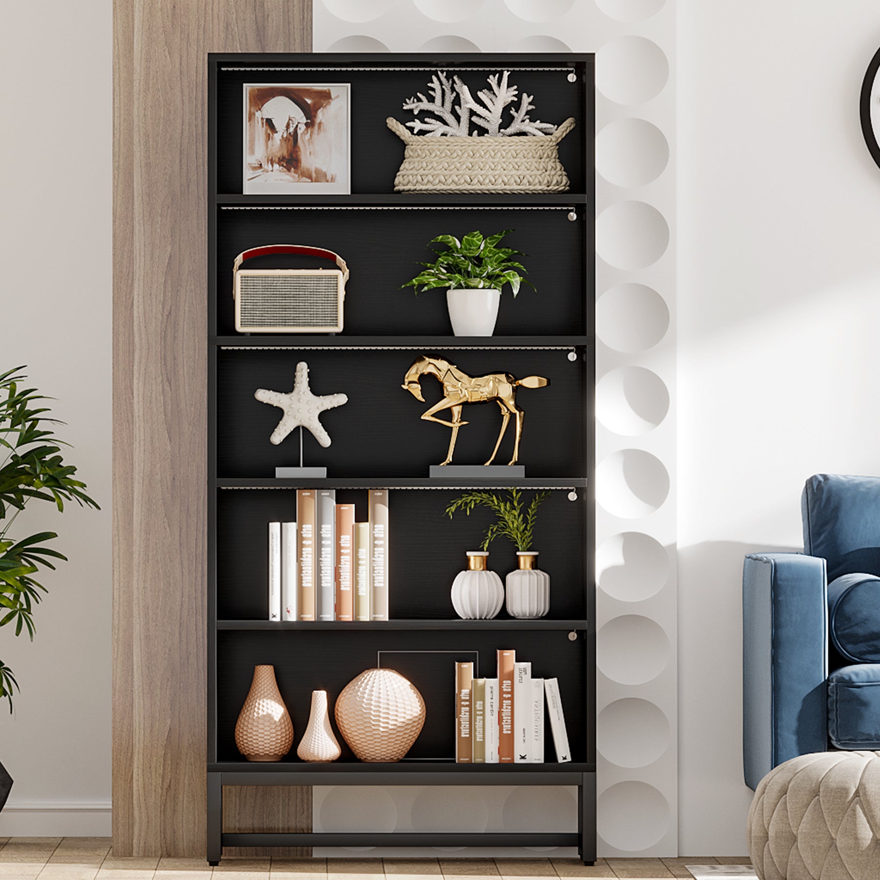 Tribesigns Bücherregal mit LED Beleuchtung, 180 cm Hohes Schwarzes Standregal mit 5 Ebenen