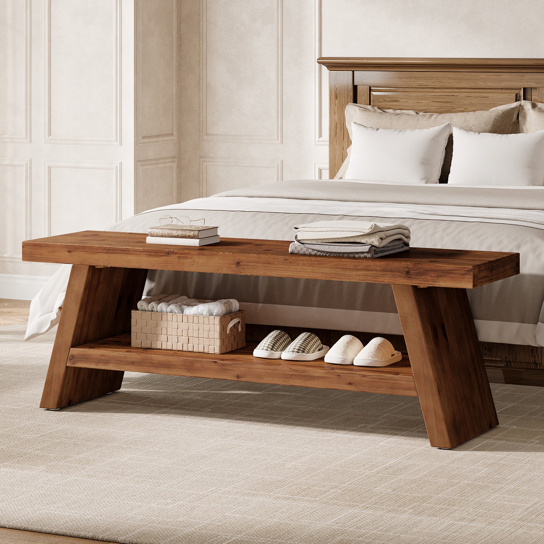 2-stöckige Schuhbank aus Massivholz, Flurbank mit offenen Ablagen