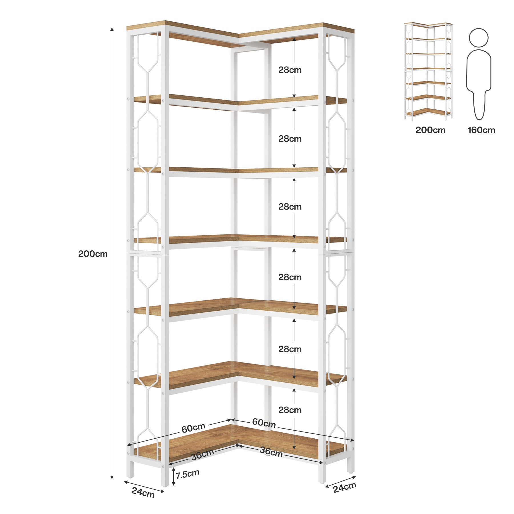 Freistehendes Bücherregal von Tribesigns, Eckregal aus Holz mit 7 Ebenen