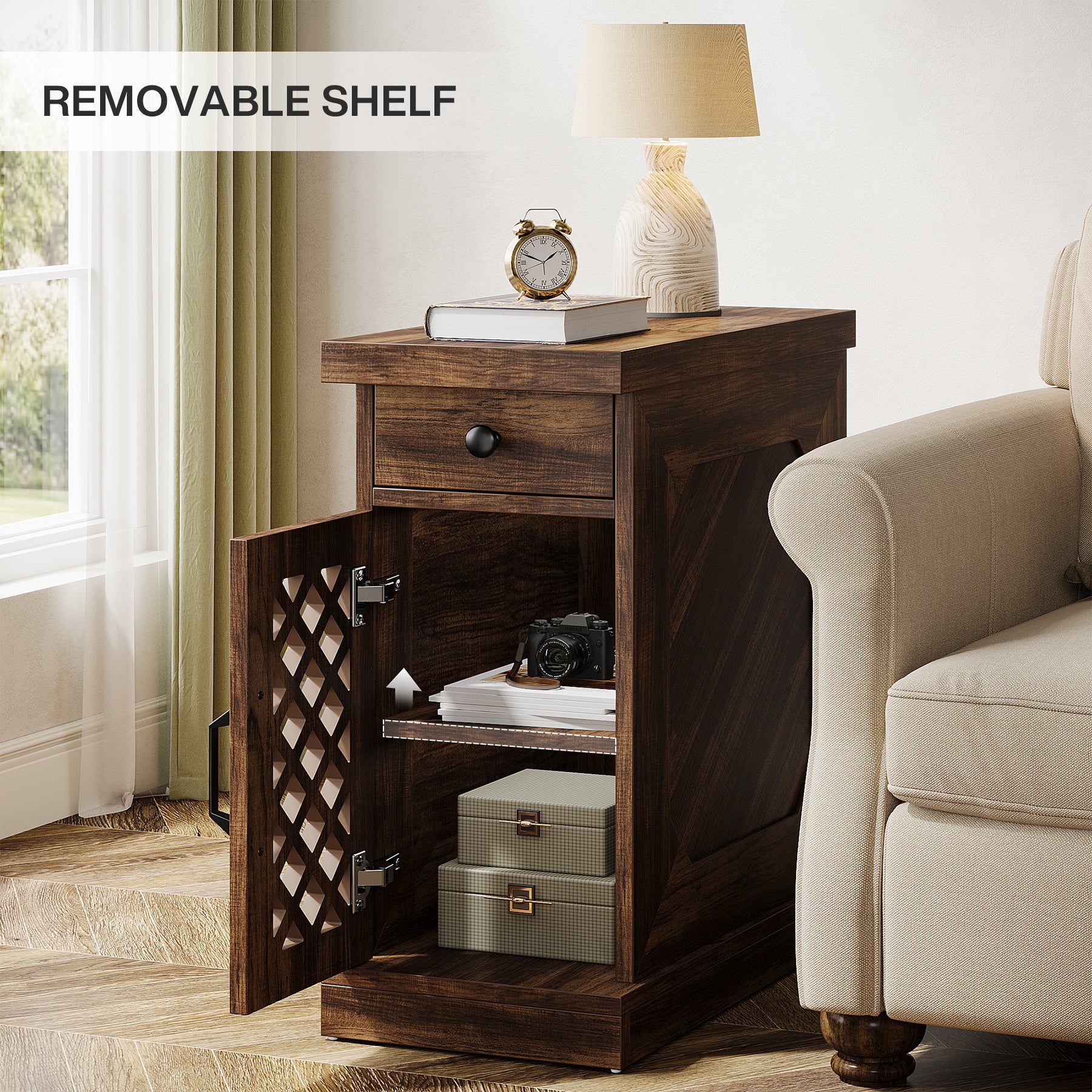 Schmaler Beistelltisch mit Schublade und Schrank, Landhaus-Nachttisch für Wohnzimmer & Schlafzimmer