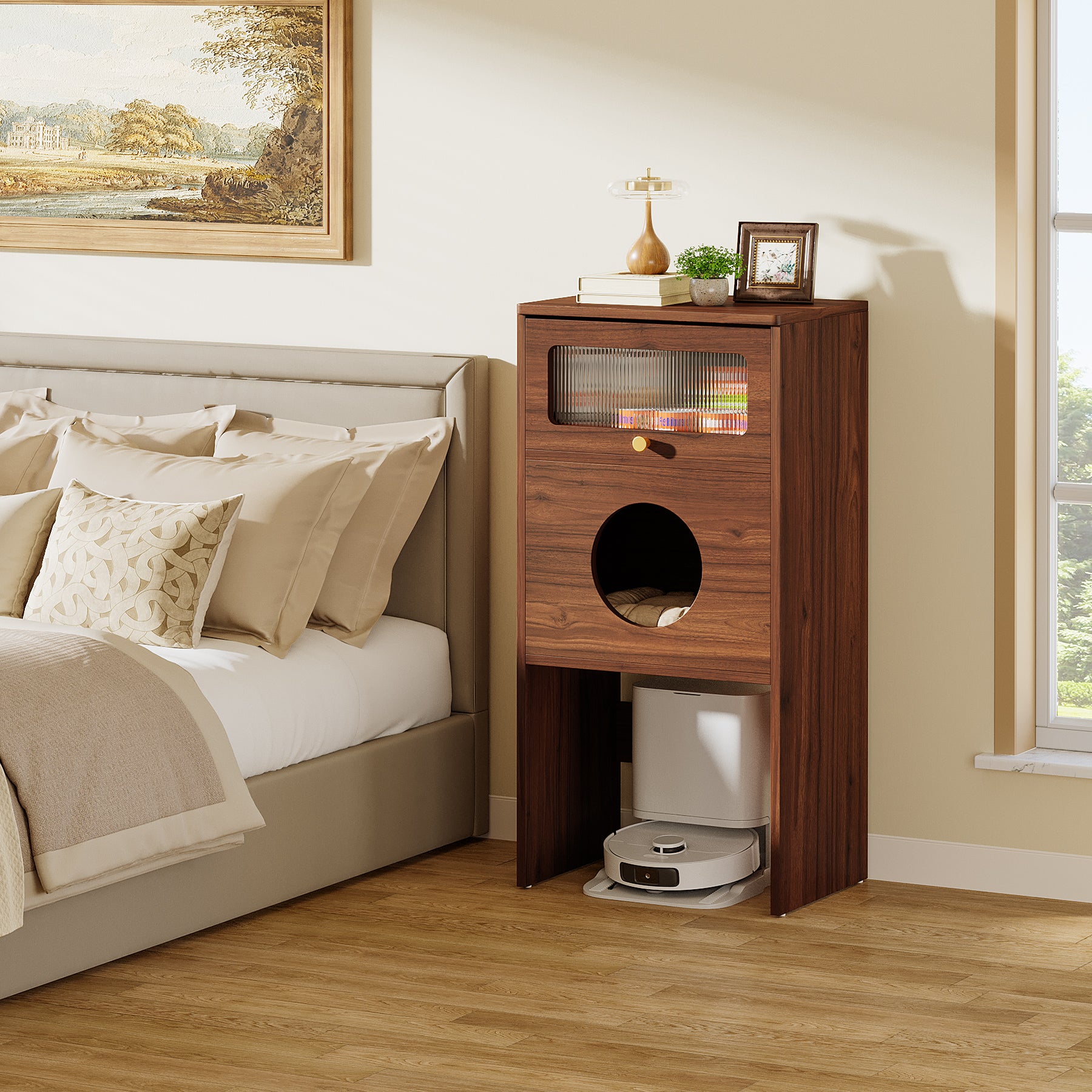 Katzenhaus Möbel mit Stauraum – Katzenklo Schrank & Beistelltisch 2-in-1, Indoor Katzenmöbel für kleine Wohnungen