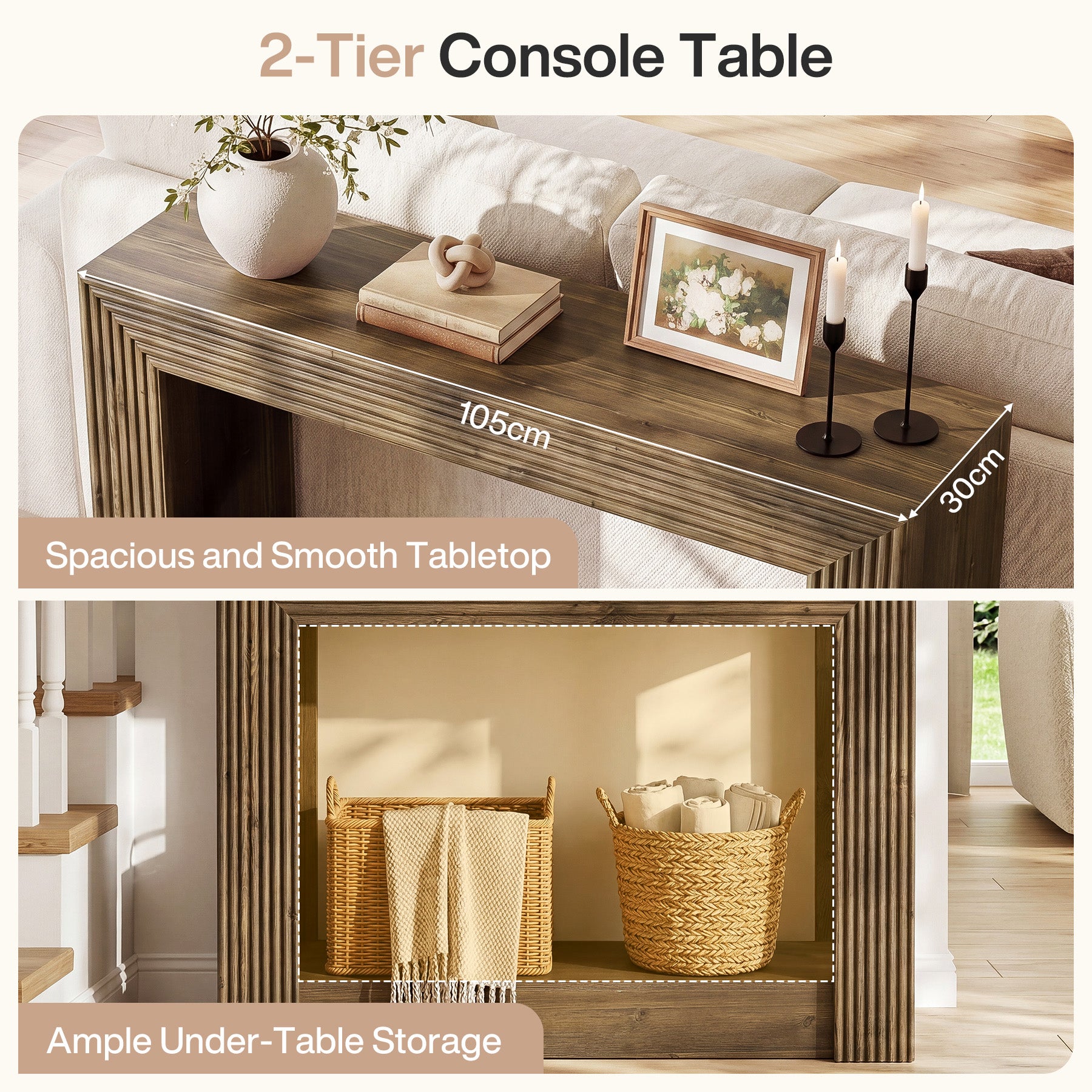 Tribesigns Konsolentisch Landhausstil 105 cm, Schmaler Flurtisch mit 2 Ablagen
