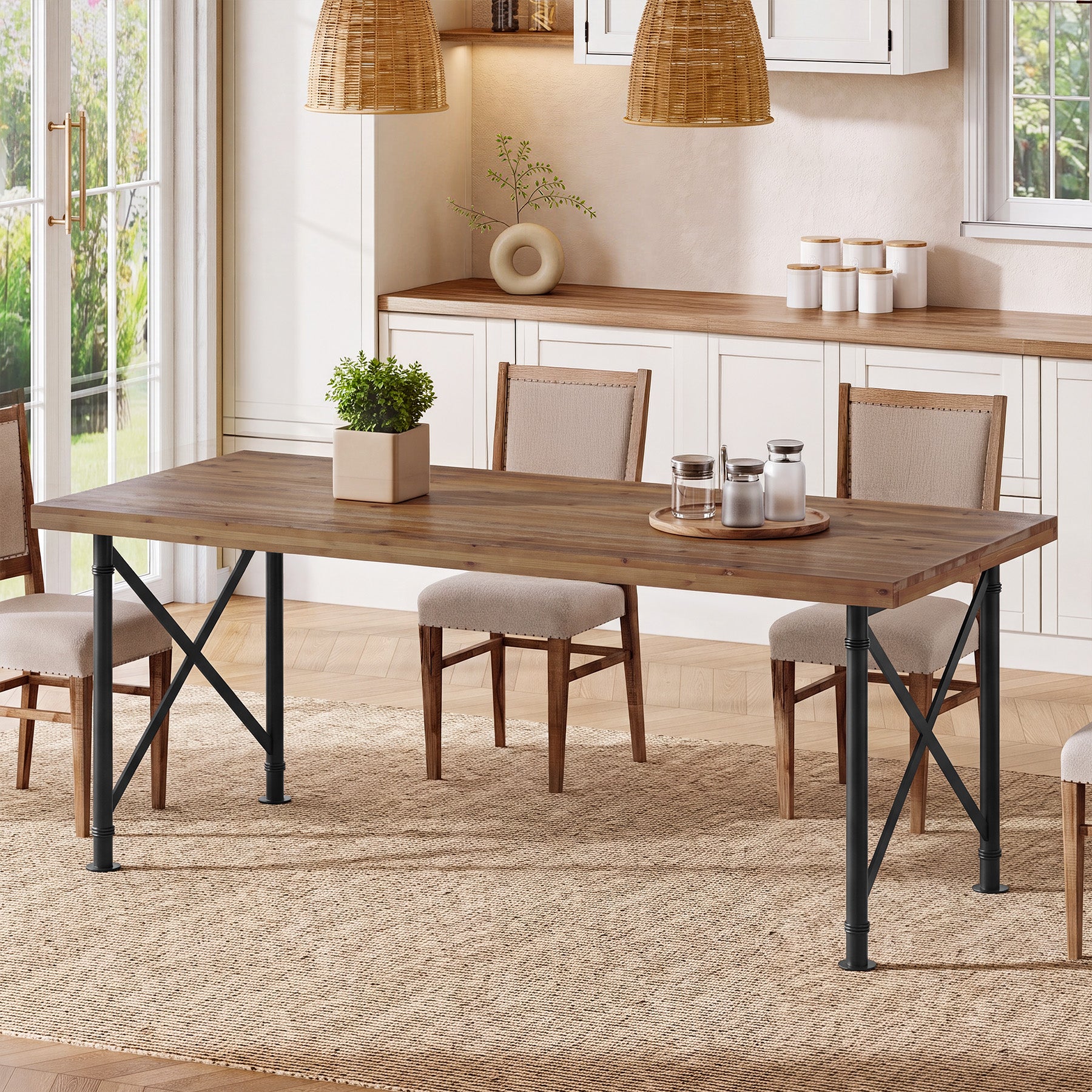 Massivholz Esstisch 160 × 80 cm für 4–6 Personen, Rechteckiger Küchentisch mit X-Metallgestell