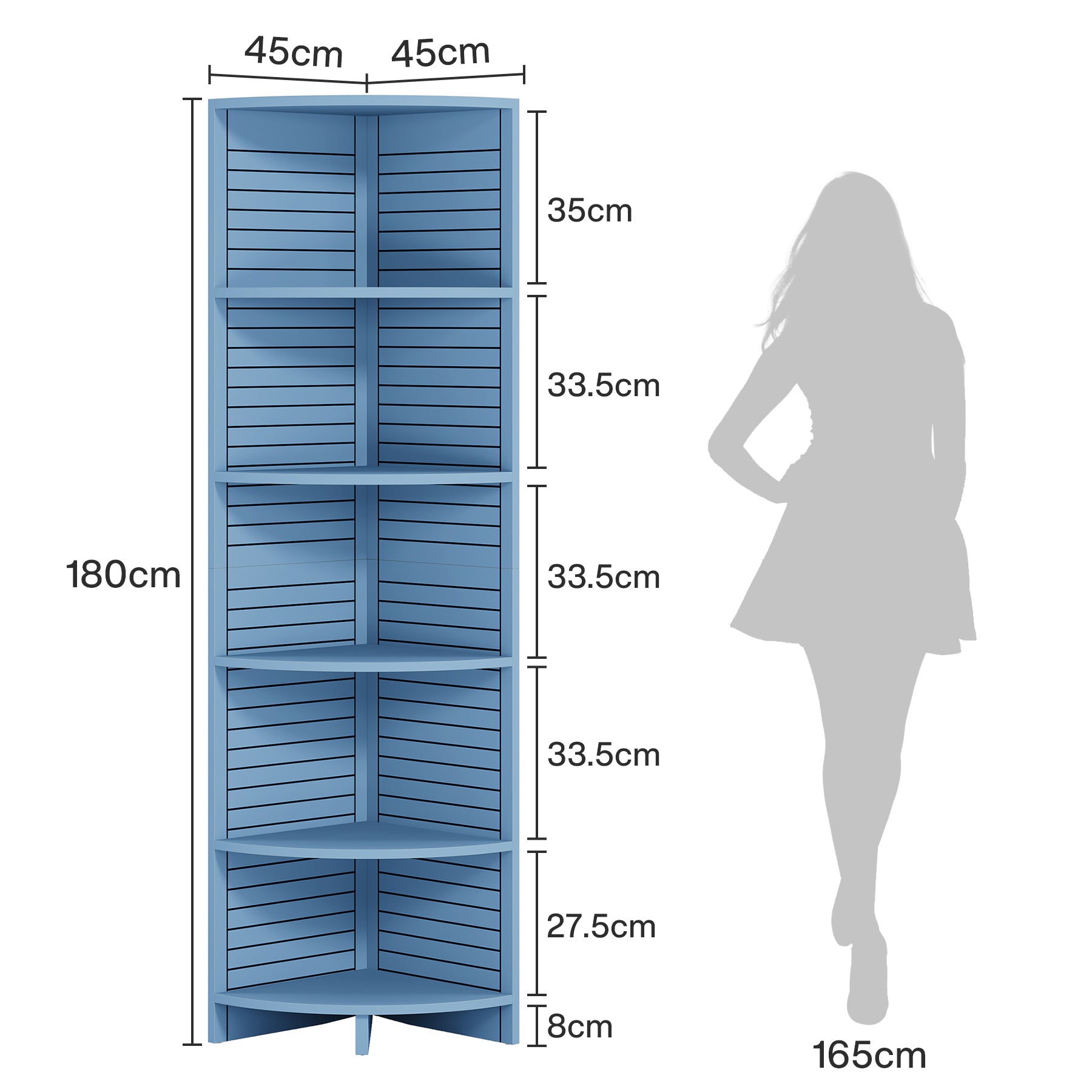Eckregal mit 5 Ebenen, 180cm hohes, modernes, schmales Eckbücherregal aus Holz
