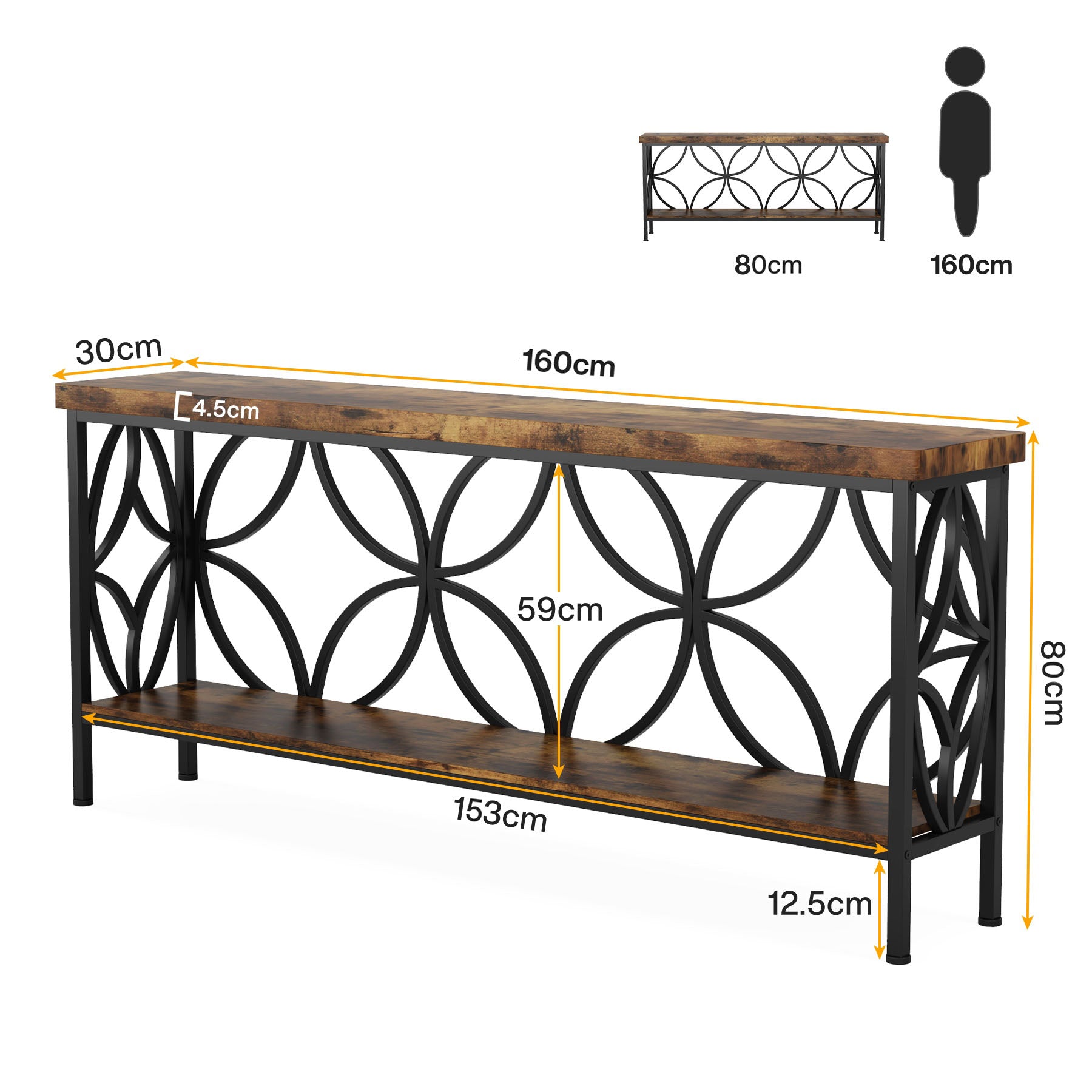 2-stufiger Konsolentisch, 160 CM Industrieller Sofatisch hinter der Couch