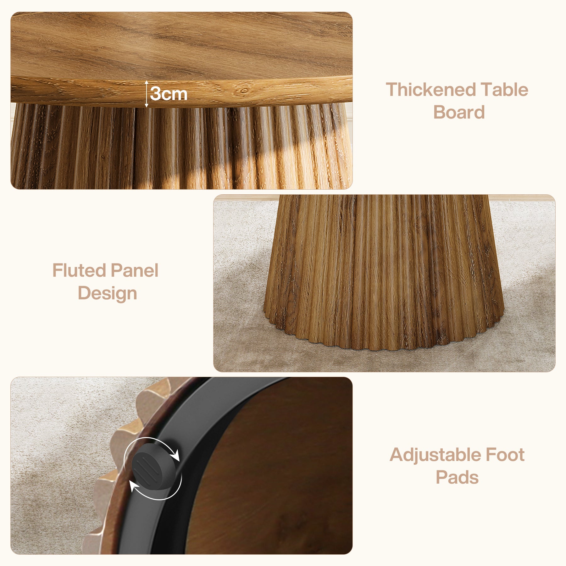 Runder Esstisch 120 cm aus Holz, Landhaus-Küchentisch für 4–6 Personen mit geriffeltem Sockel