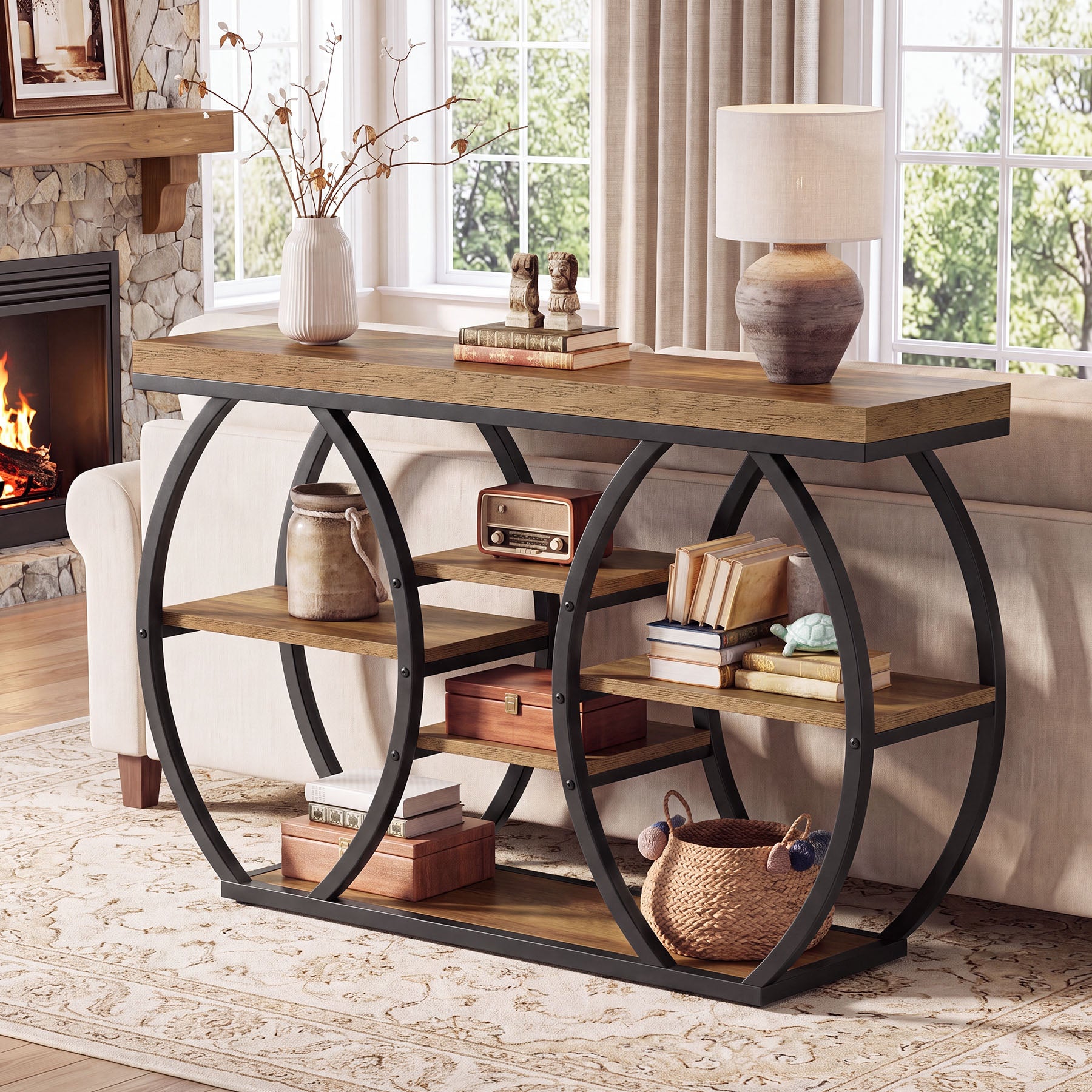 Tribesigns Konsolentisch 120 cm mit 6 Ablagen, Schmaler Flurtisch im Landhausstil mit Metallgestell