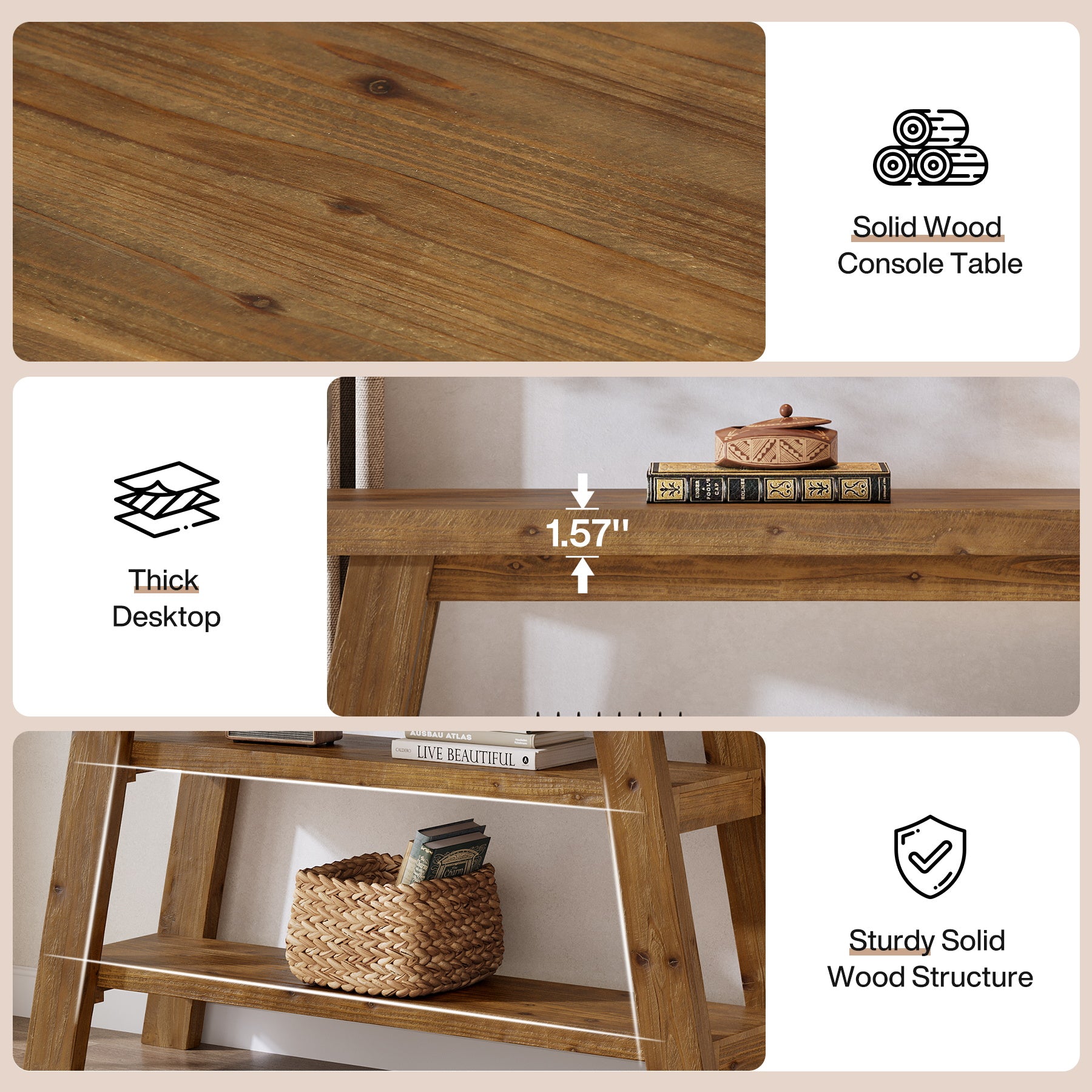 120 cm Massivholz-Konsolentisch im Landhausstil, schmaler Sofatisch mit 3 Ebenen für Eingang & Foyer