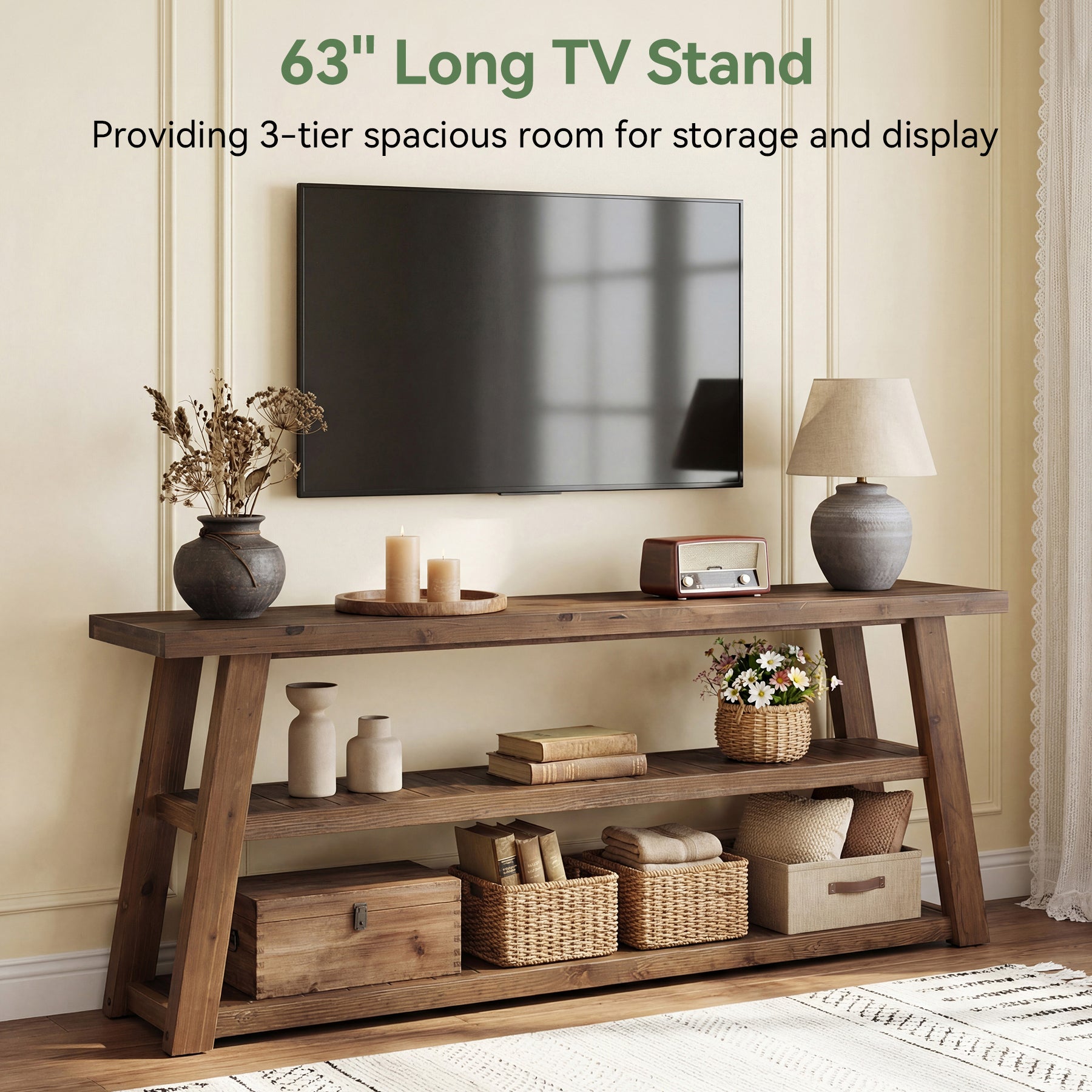 Tribesigns TV-Lowboard aus Massivholz 160 cm, TV-Schrank für Fernseher bis 70 Zoll mit 3 offenen Ablagen