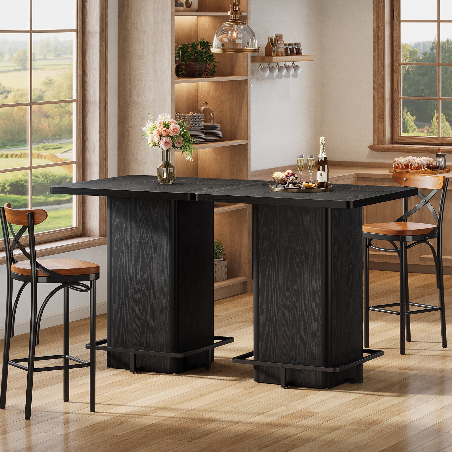 Tribesigns Quadratischer Bartisch 100 cm hoch, Stehtisch 80×80 cm mit Fußablage, moderner Bistrotisch in Holzoptik