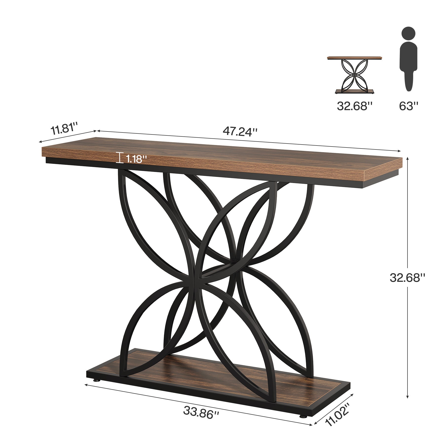 120 cm Industrielle Konsole - Schmetterlings-Metallbasis in Rustikal Braun & Schwarz