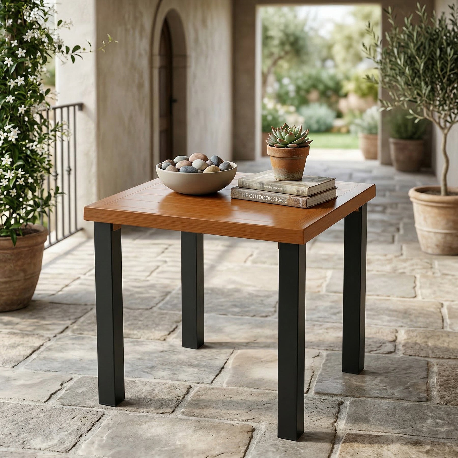 Outdoor Beistelltisch wetterfest, Balkontisch mit Holzoptik, Gartentisch mit stabilem Metallgestell