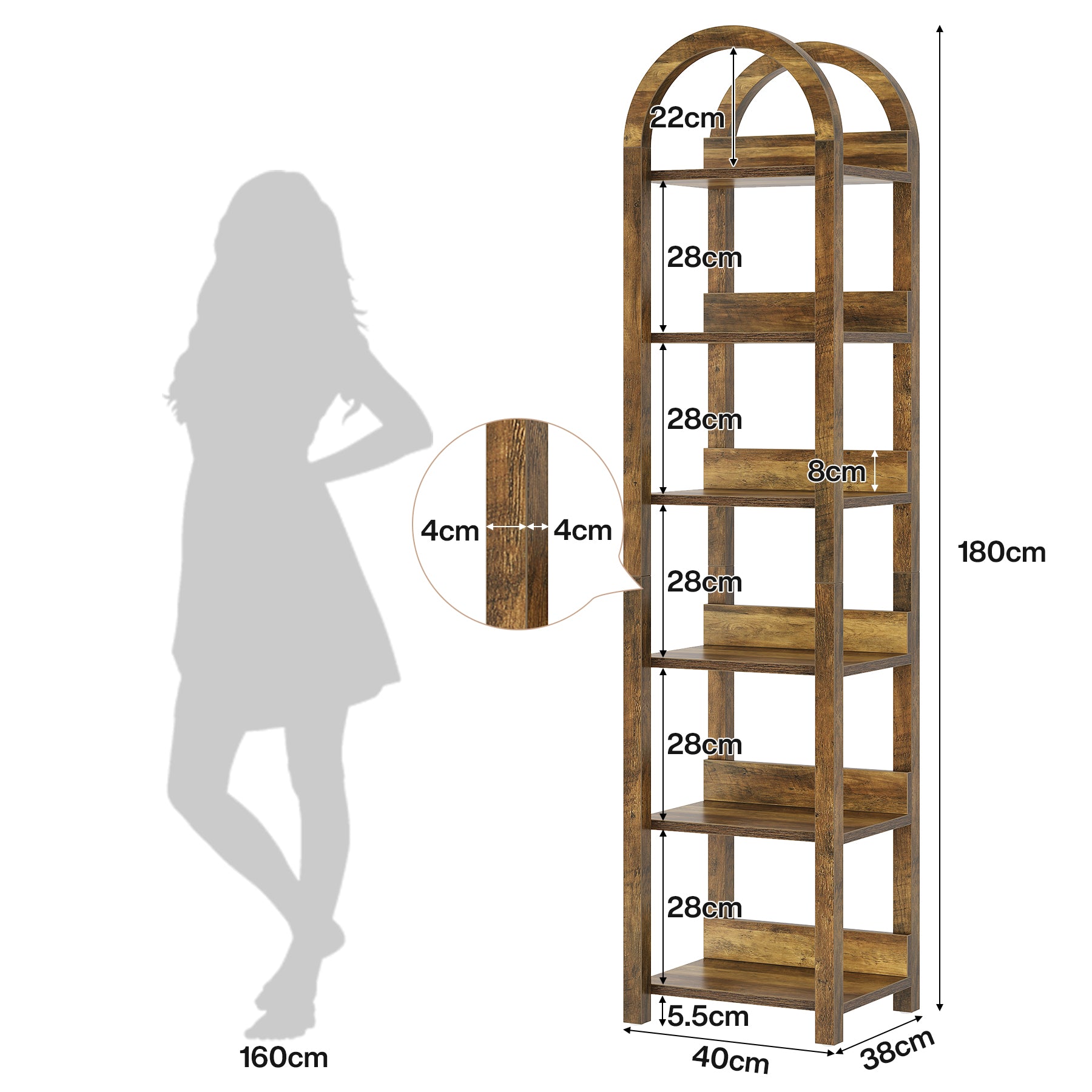 180 cm Hohes Holz-Bücherregal, Schlankes Gewölbtes Regal mit 6 Fächern für kleine Räume