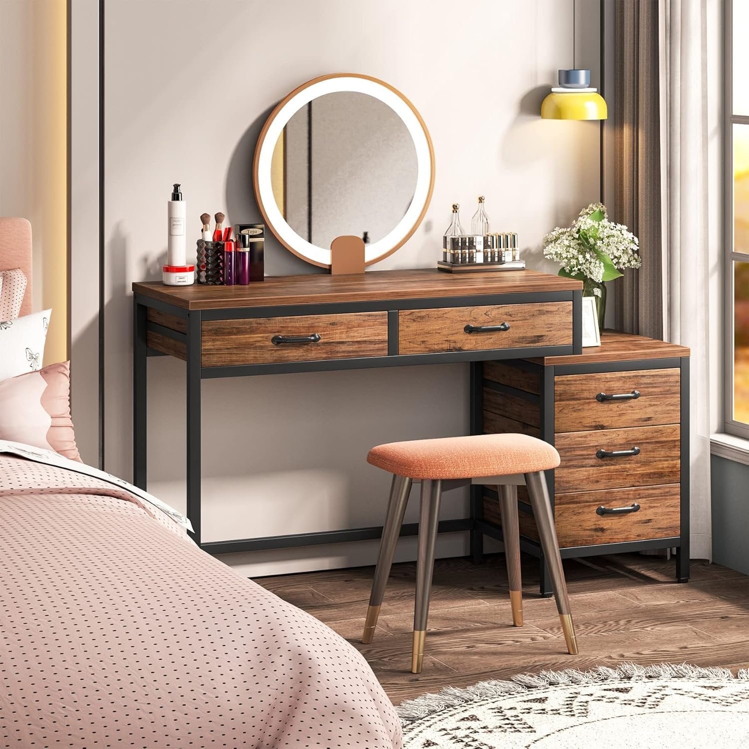 Computertisch mit 5 Schubladen, Schreibtisch fürs Arbeitszimmer mit umkehrbarem Schubladenschrank