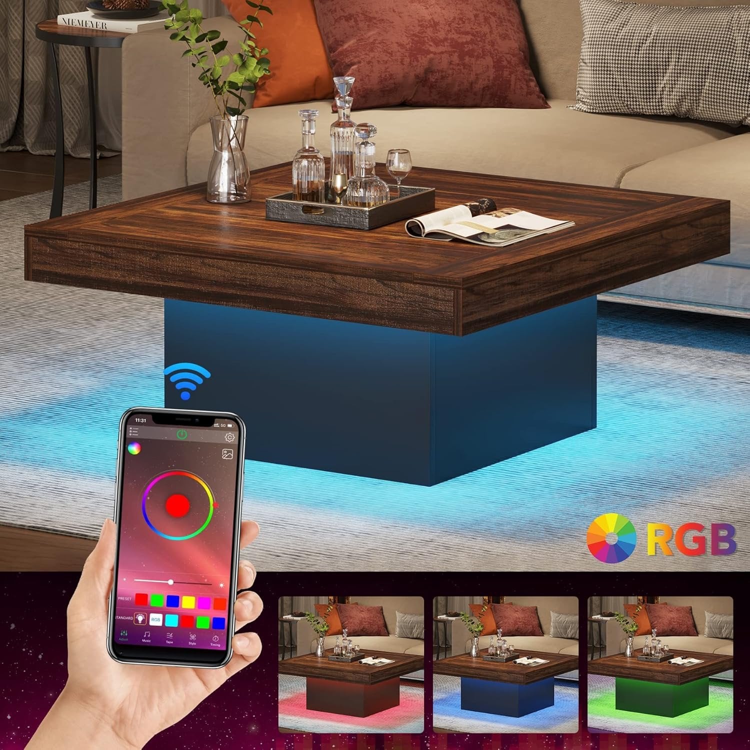 Tribesigns LED-Couchtisch Quadratisch 90 cm, Moderner Wohnzimmertisch im Landhausstil