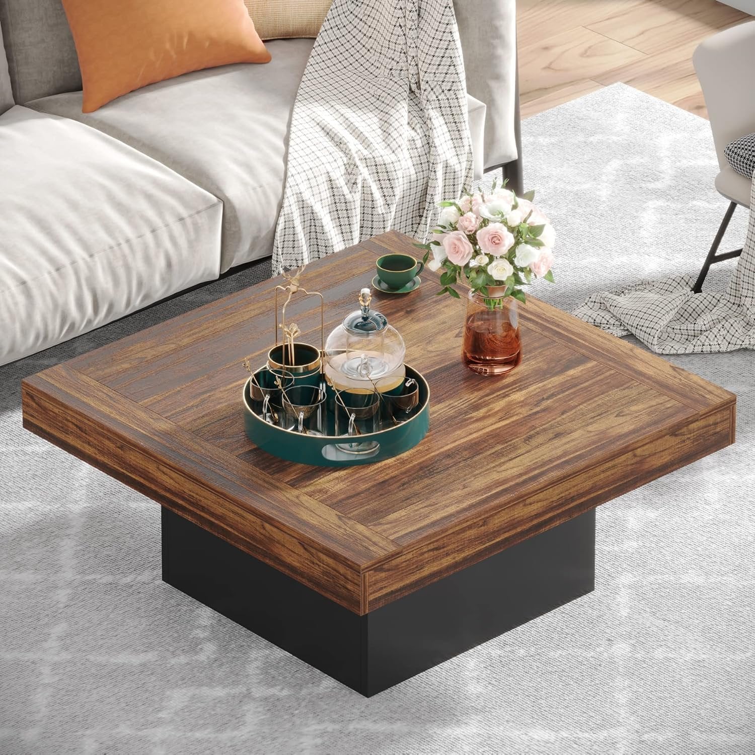 Tribesigns LED-Couchtisch Quadratisch 90 cm, Moderner Wohnzimmertisch im Landhausstil